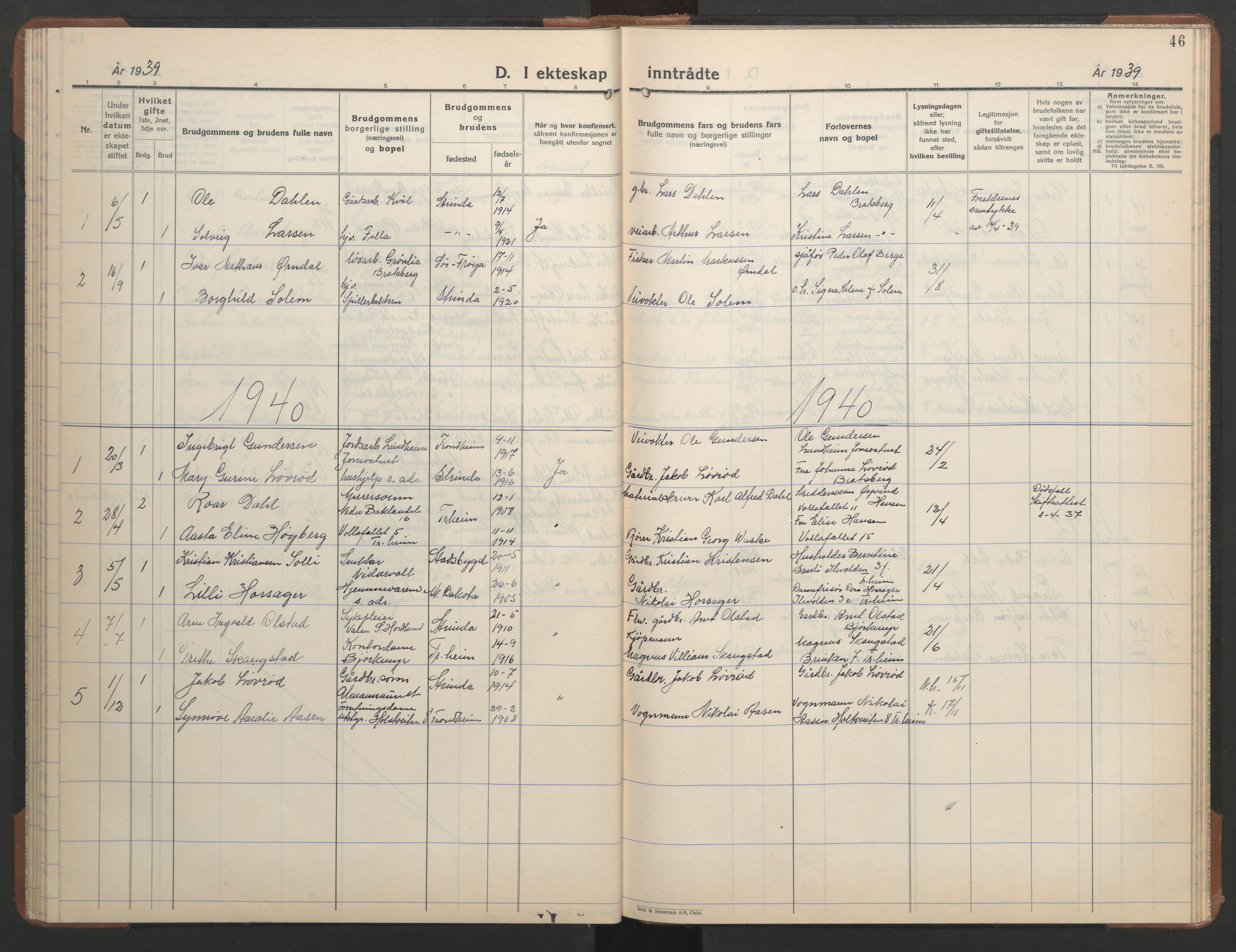 Ministerialprotokoller, klokkerbøker og fødselsregistre - Sør-Trøndelag, AV/SAT-A-1456/608/L0343: Parish register (copy) no. 608C09, 1938-1952, p. 46