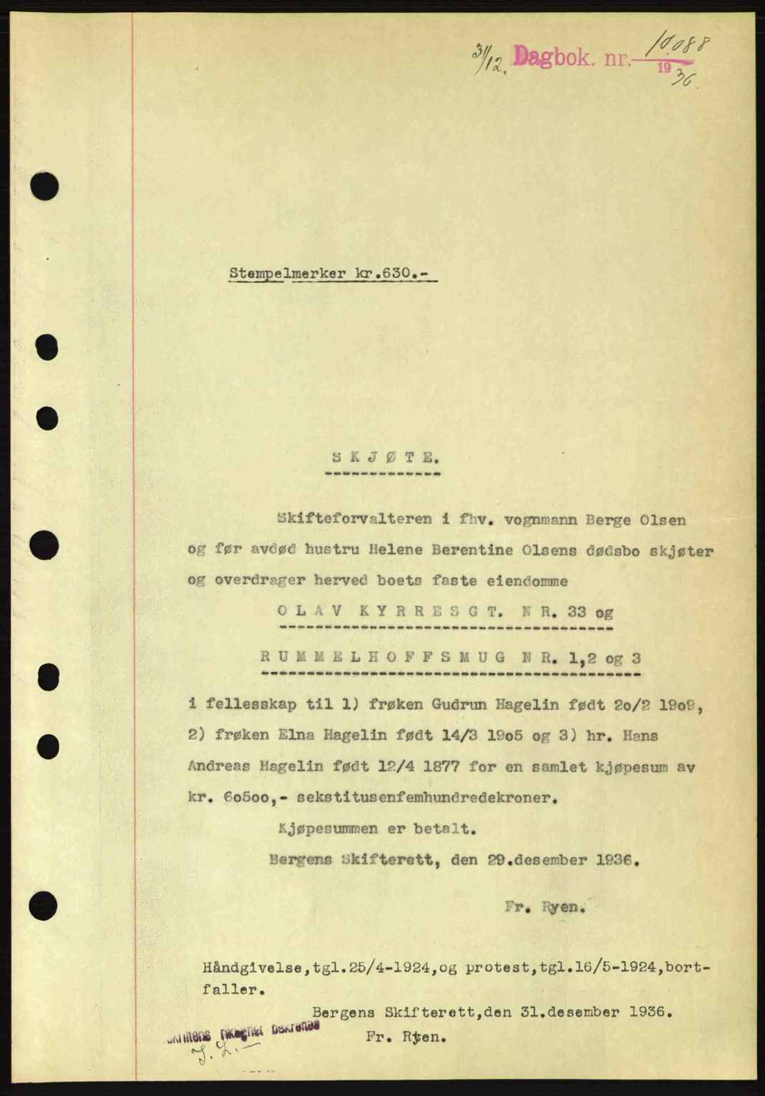 Byfogd og Byskriver i Bergen, SAB/A-3401/03/03Bc/L0004: Mortgage book no. A3-4, 1936-1937, Diary no: : 10088/1936