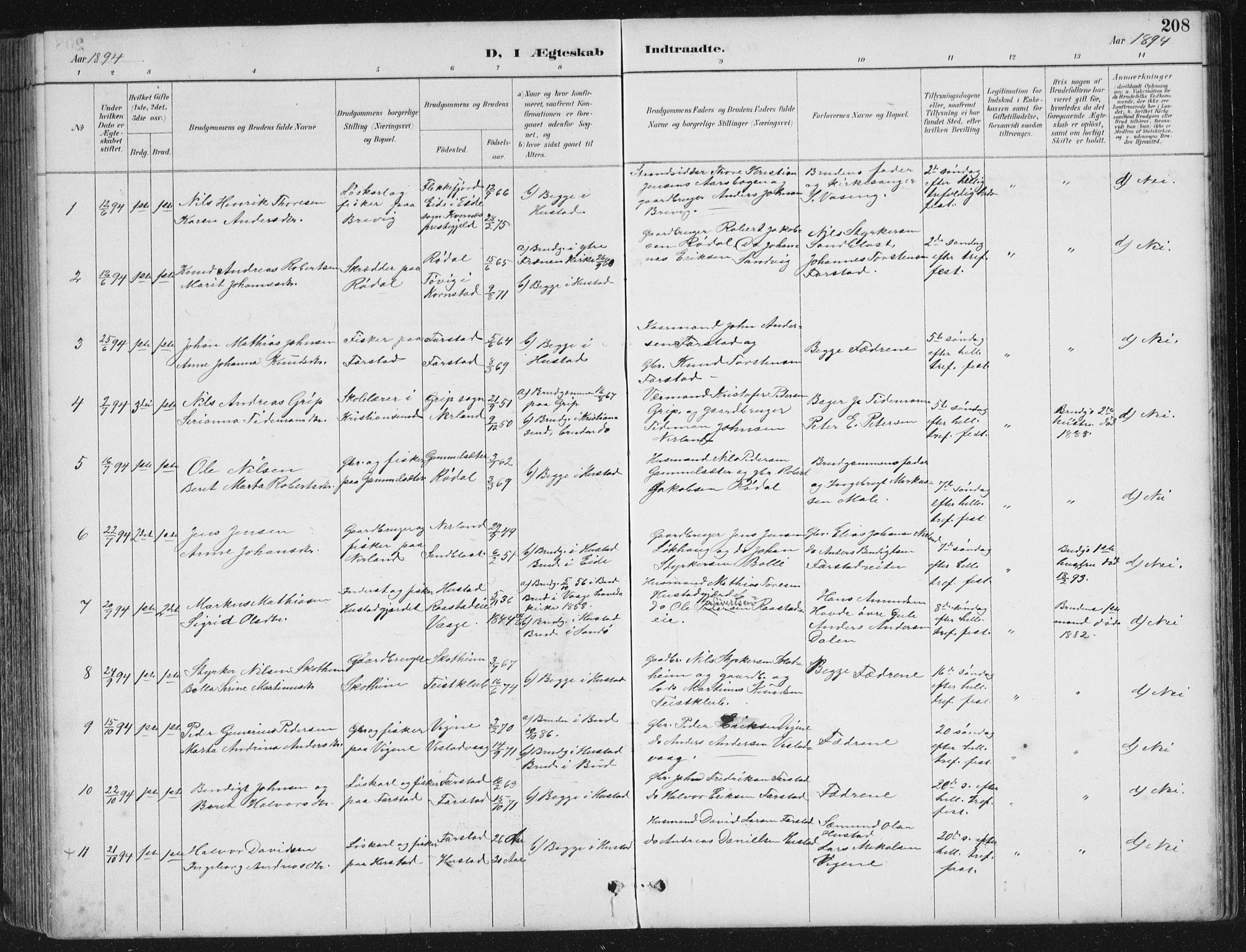 Ministerialprotokoller, klokkerbøker og fødselsregistre - Møre og Romsdal, AV/SAT-A-1454/567/L0783: Parish register (copy) no. 567C03, 1887-1903, p. 208