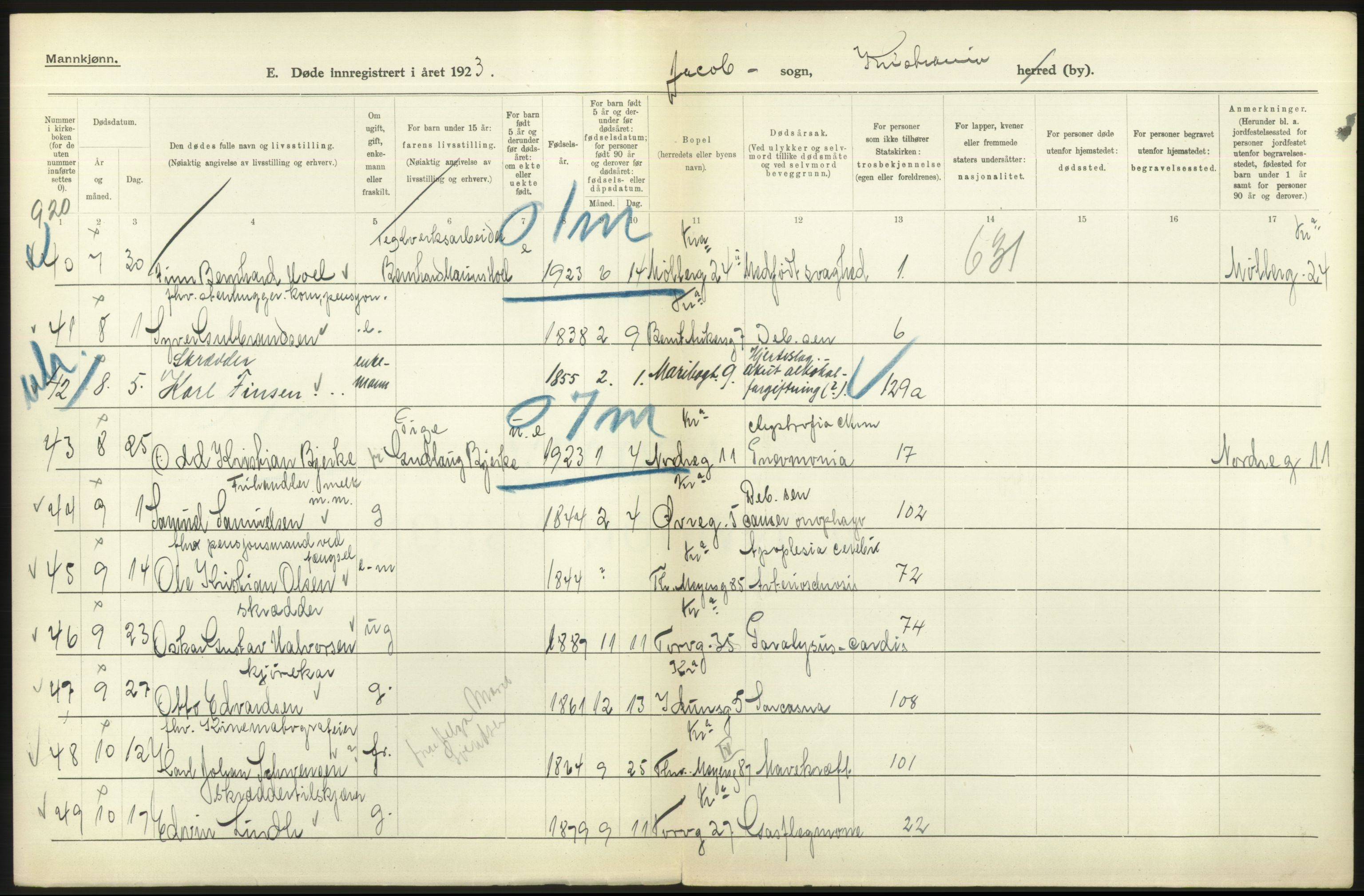 Statistisk sentralbyrå, Sosiodemografiske emner, Befolkning, AV/RA-S-2228/D/Df/Dfc/Dfcc/L0009: Kristiania: Døde, 1923, p. 548