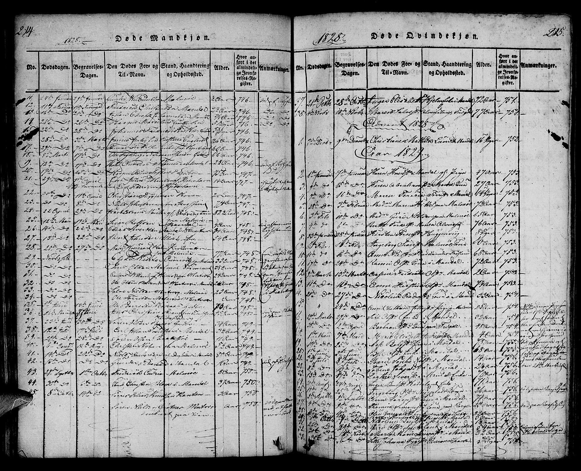 Mandal sokneprestkontor, SAK/1111-0030/F/Fa/Faa/L0010: Parish register (official) no. A 10, 1817-1830, p. 214-215