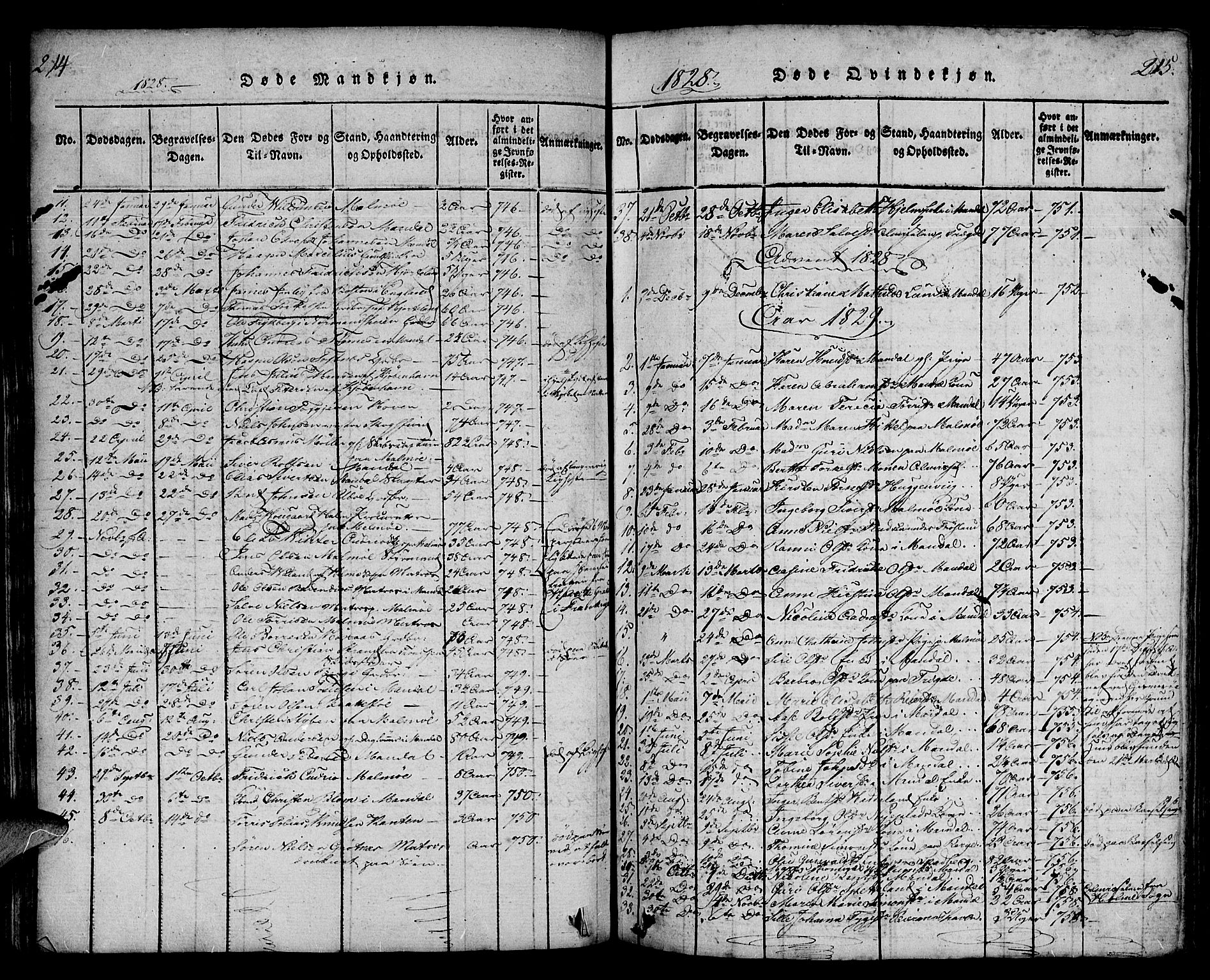 Mandal sokneprestkontor, AV/SAK-1111-0030/F/Fa/Faa/L0010: Parish register (official) no. A 10, 1817-1830, p. 214-215