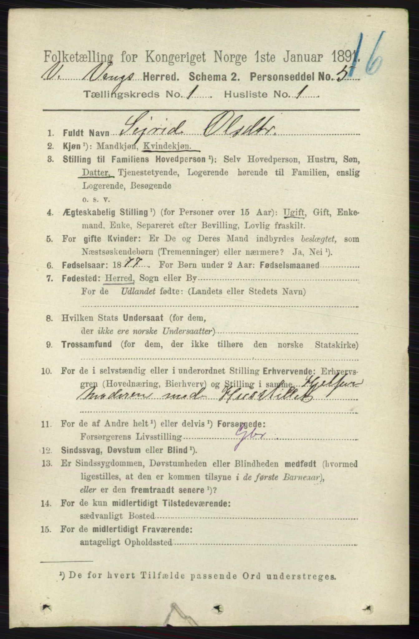 RA, 1891 census for 0545 Vang, 1891, p. 82