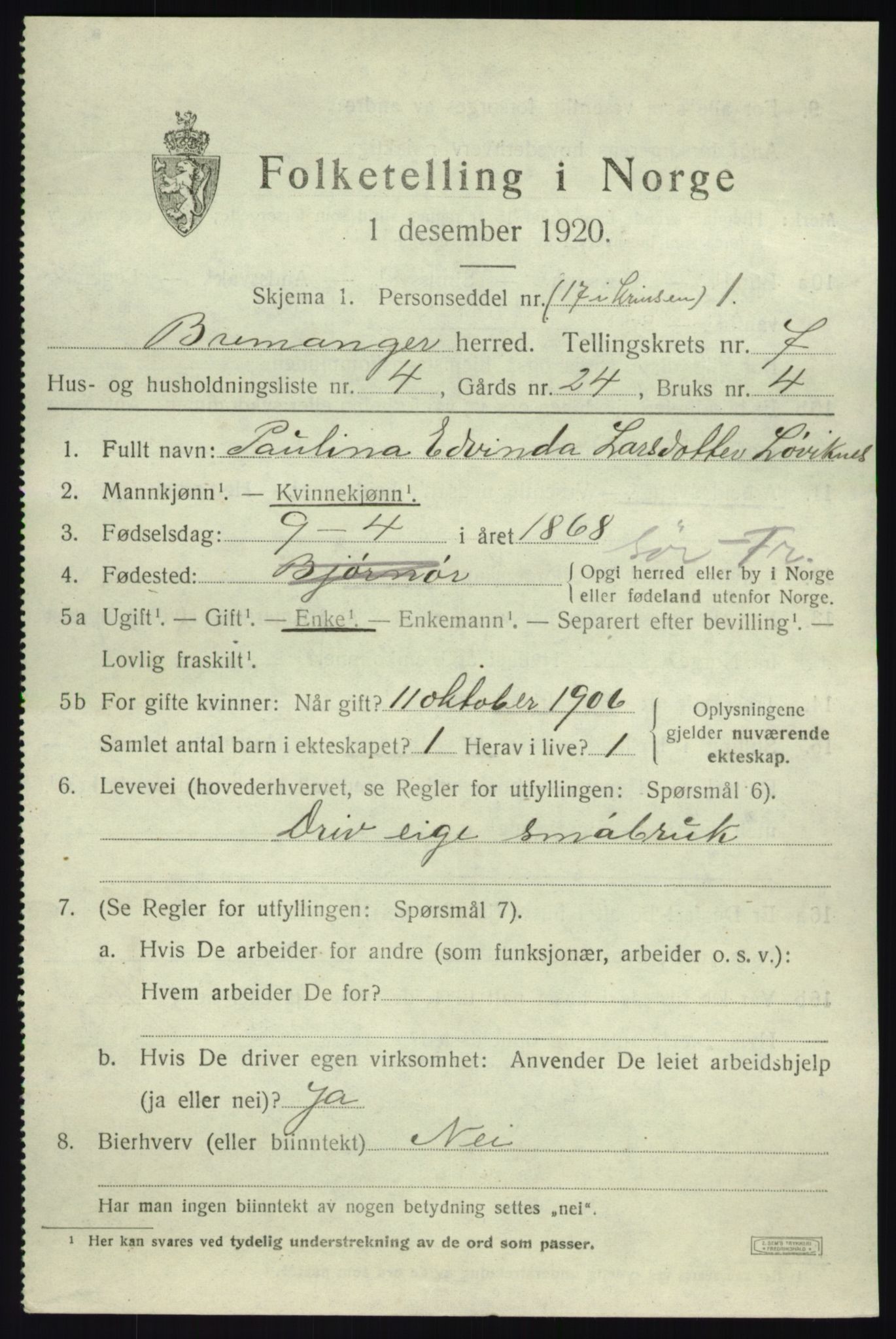 SAB, 1920 census for Bremanger, 1920, p. 4434