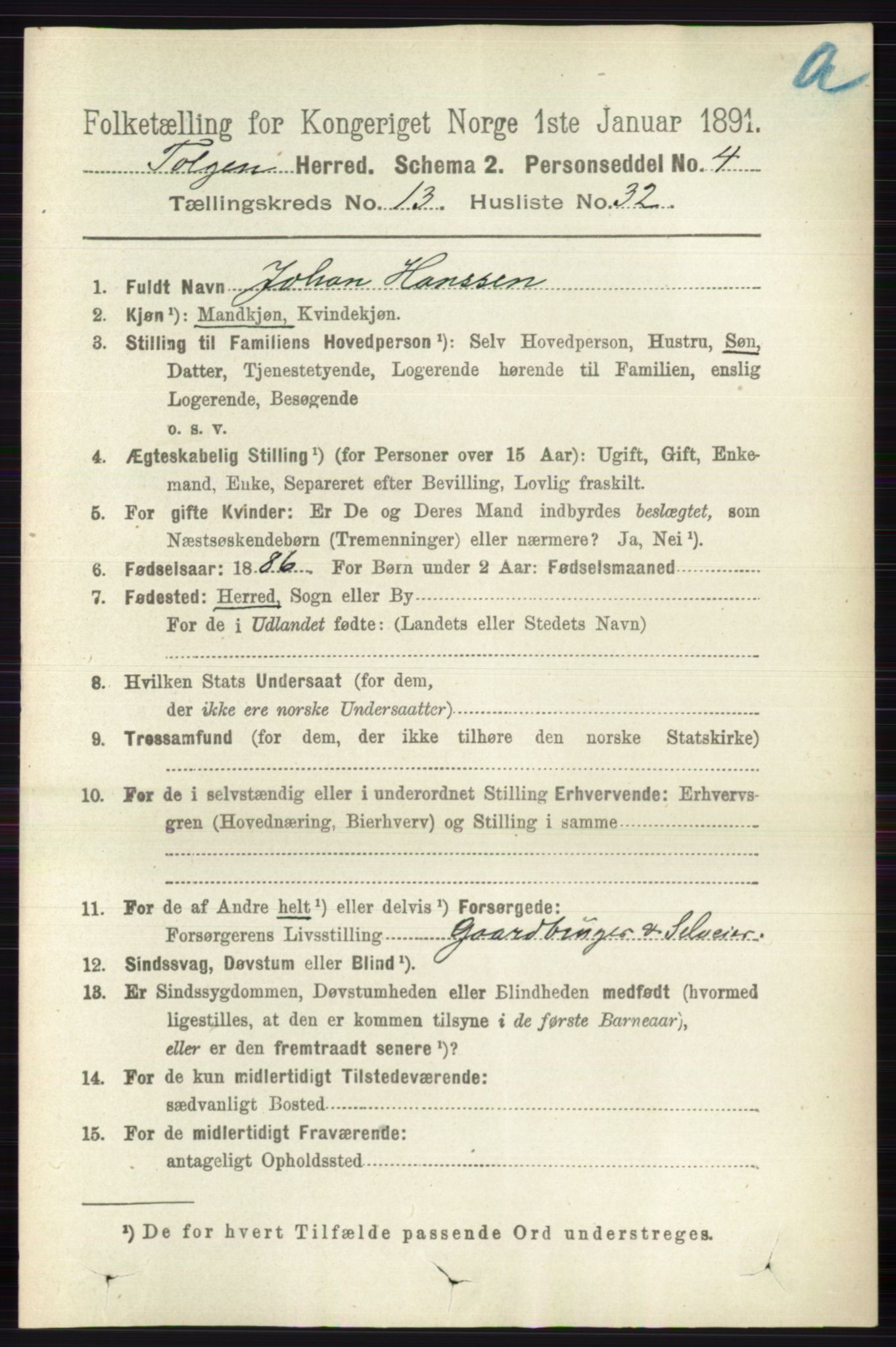 RA, 1891 census for 0436 Tolga, 1891, p. 4074