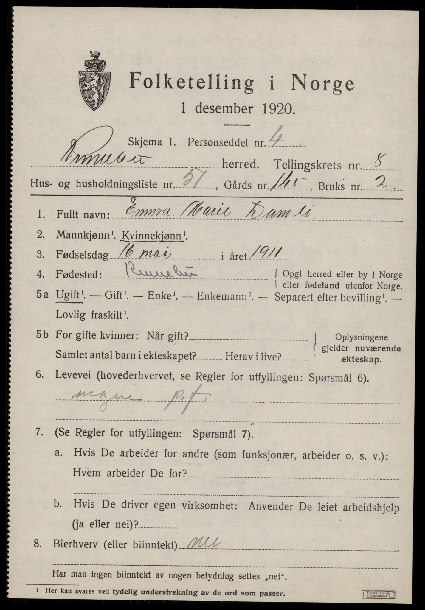 SAT, 1920 census for Rennebu, 1920, p. 5824