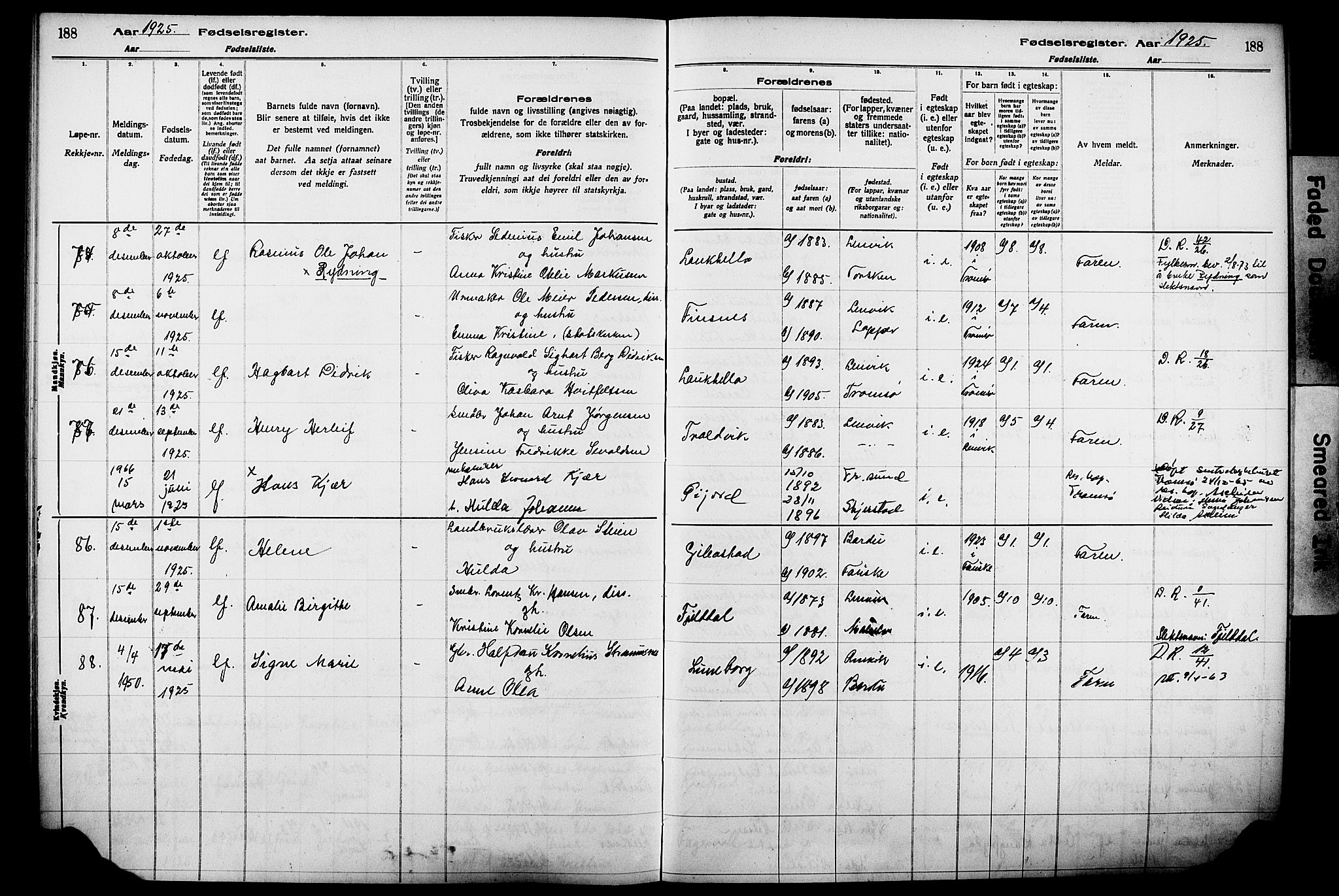 Lenvik sokneprestembete, AV/SATØ-S-1310/I/Ic/L0089: Birth register no. 89, 1916-1926, p. 188