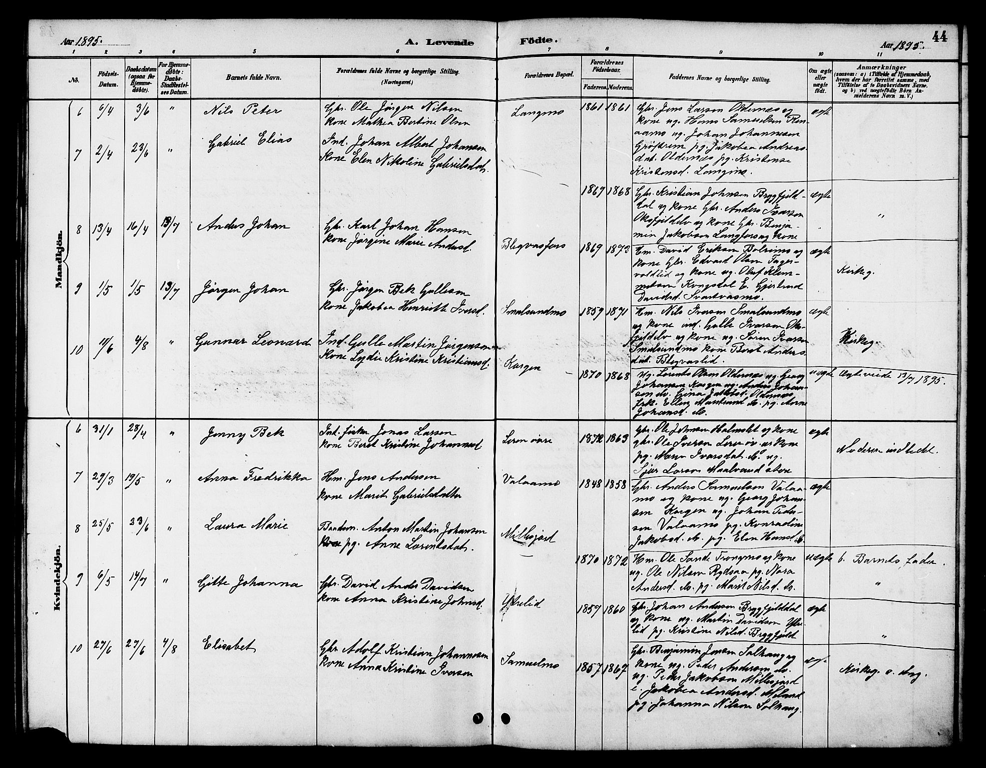 Ministerialprotokoller, klokkerbøker og fødselsregistre - Nordland, AV/SAT-A-1459/826/L0383: Parish register (copy) no. 826C03, 1887-1896, p. 44