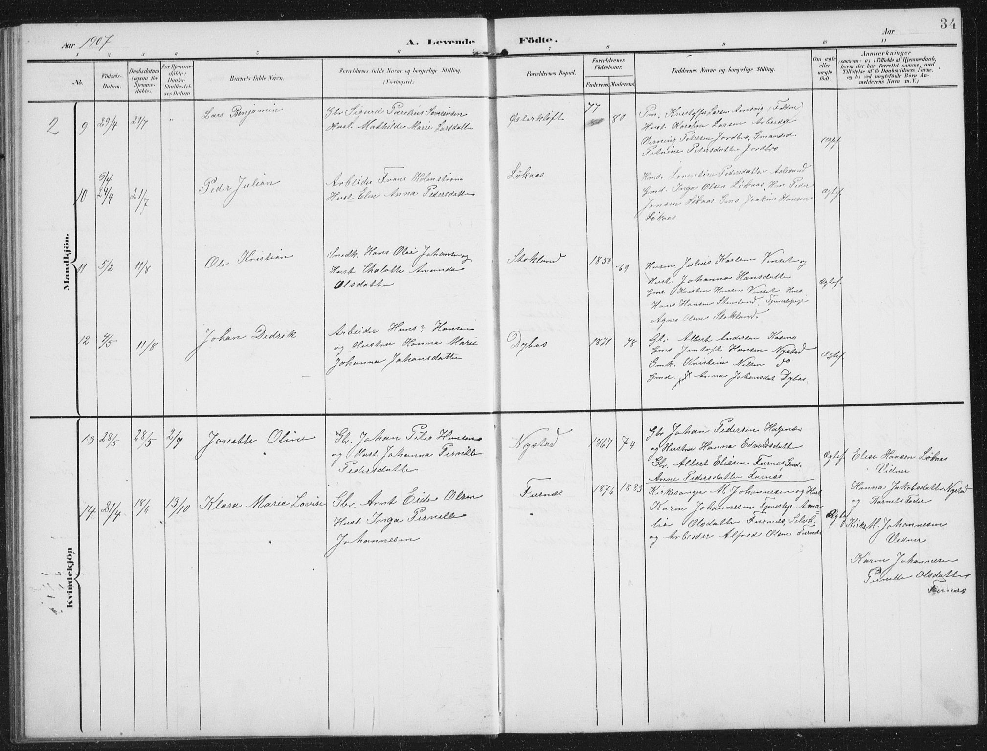 Ministerialprotokoller, klokkerbøker og fødselsregistre - Nordland, AV/SAT-A-1459/851/L0726: Parish register (copy) no. 851C01, 1902-1924, p. 34