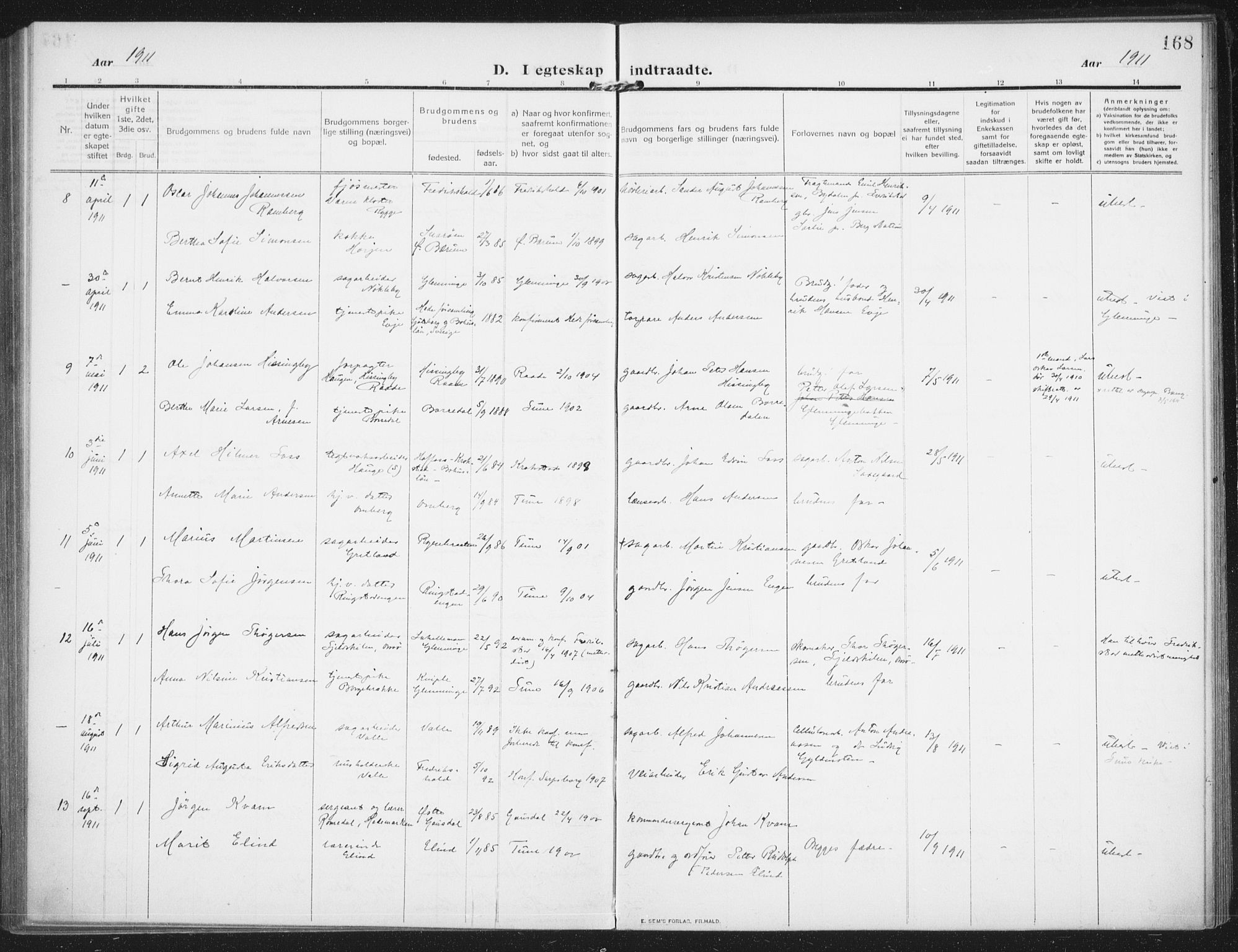 Rolvsøy prestekontor Kirkebøker, AV/SAO-A-2004/F/Fa/L0002: Parish register (official) no. 2, 1909-1917, p. 168