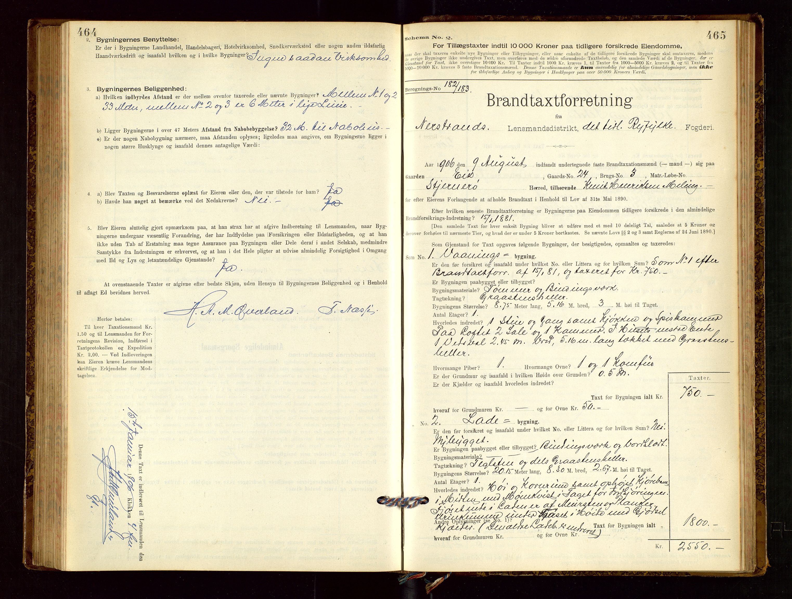 Nedstrand lensmannskontor, AV/SAST-A-100236/Gob/L0001: "Brandtaxationsprotokol for Nerstrand Lensmandsdistrikt Ryfylke fogderi", 1895-1915, p. 464-465