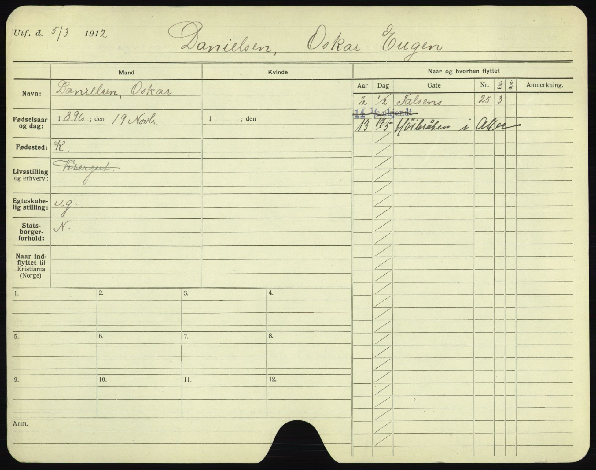 Oslo folkeregister, Registerkort, AV/SAO-A-11715/F/Fa/Fac/L0002: Menn, 1906-1914, p. 602a