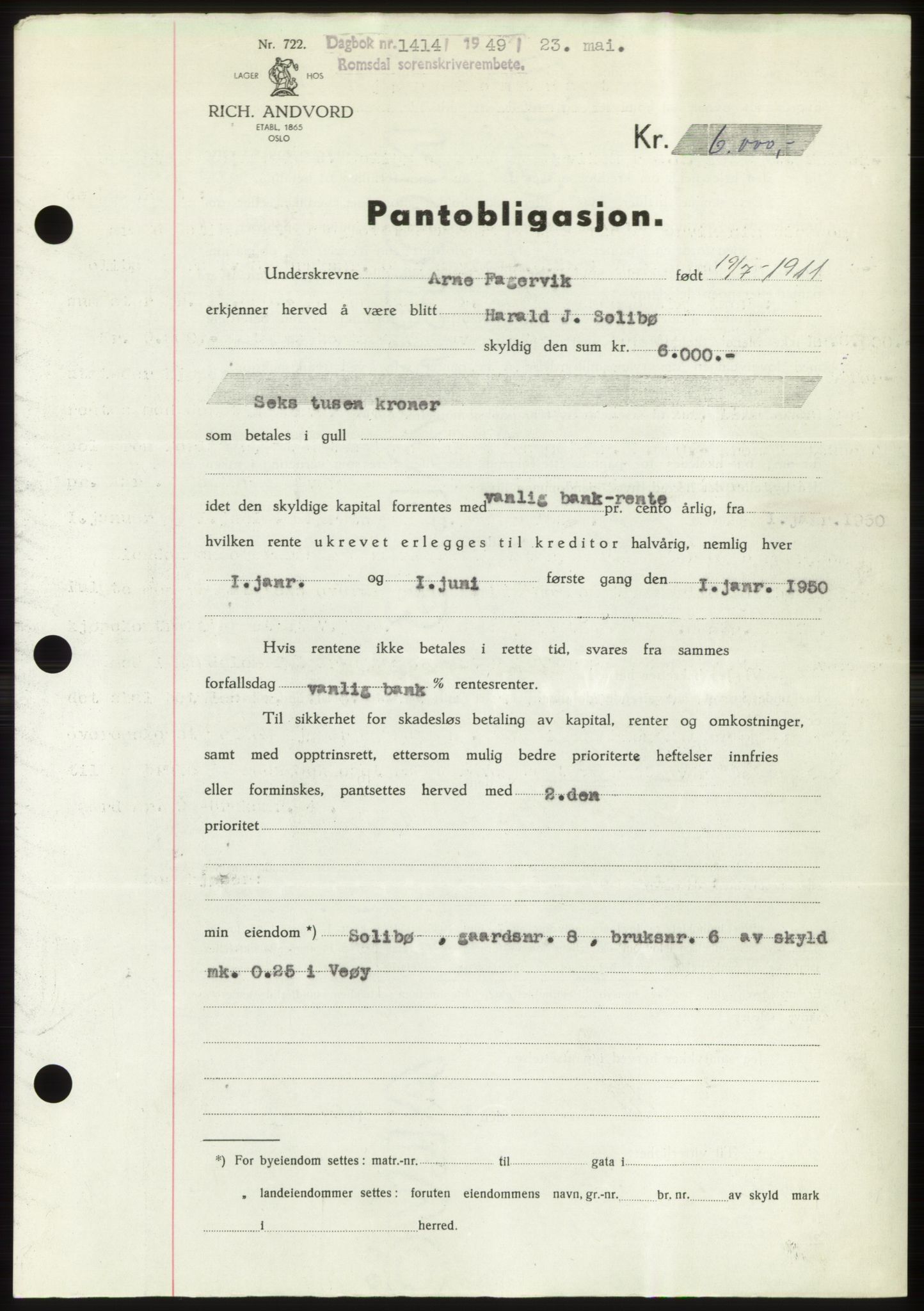 Romsdal sorenskriveri, AV/SAT-A-4149/1/2/2C: Mortgage book no. B4, 1948-1949, Diary no: : 1414/1949