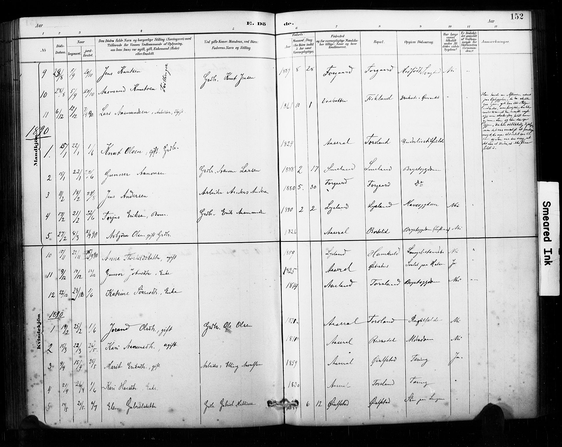 Åseral sokneprestkontor, AV/SAK-1111-0051/F/Fa/L0003: Parish register (official) no. A 3, 1884-1901, p. 152