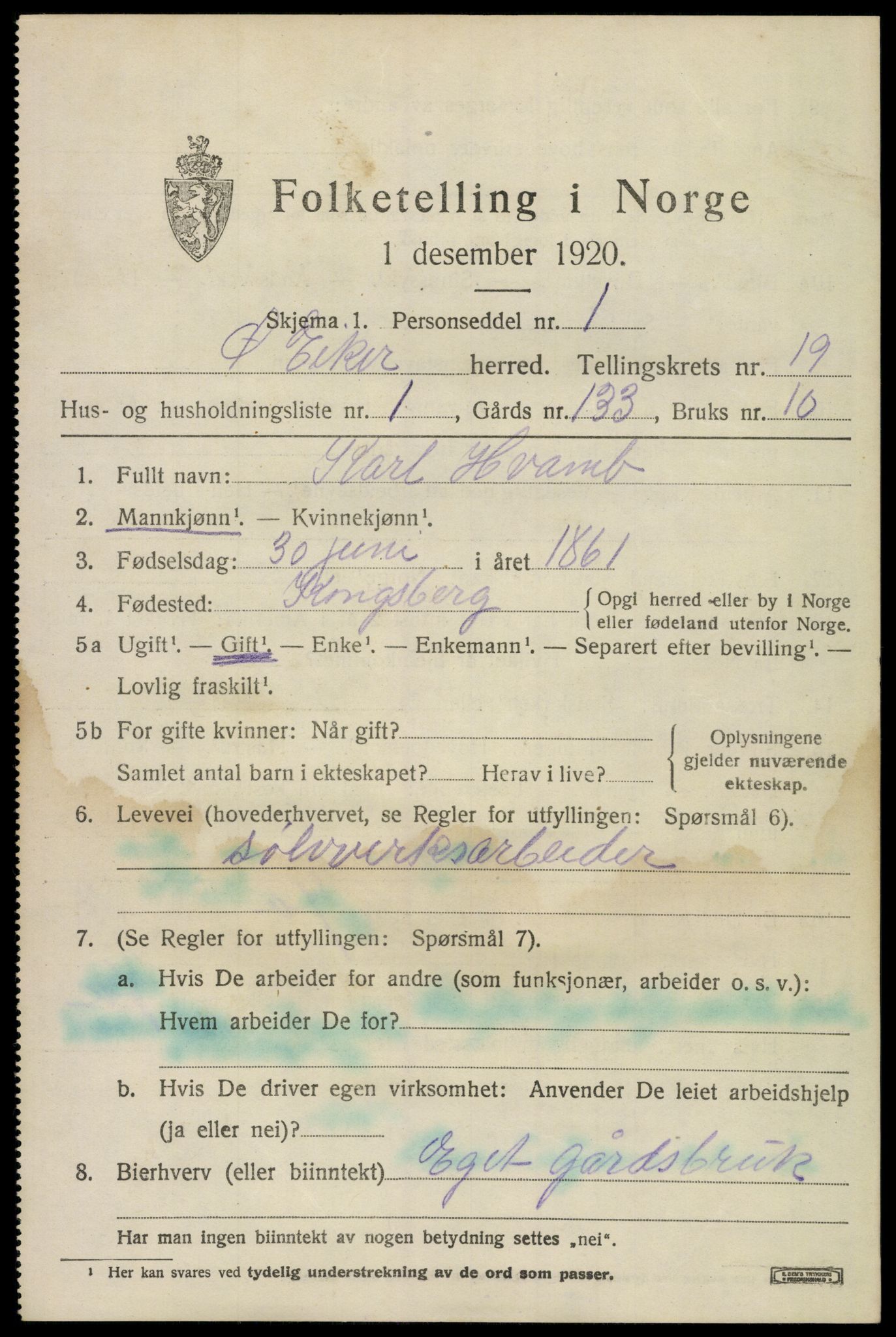 SAKO, 1920 census for Øvre Eiker, 1920, p. 22086