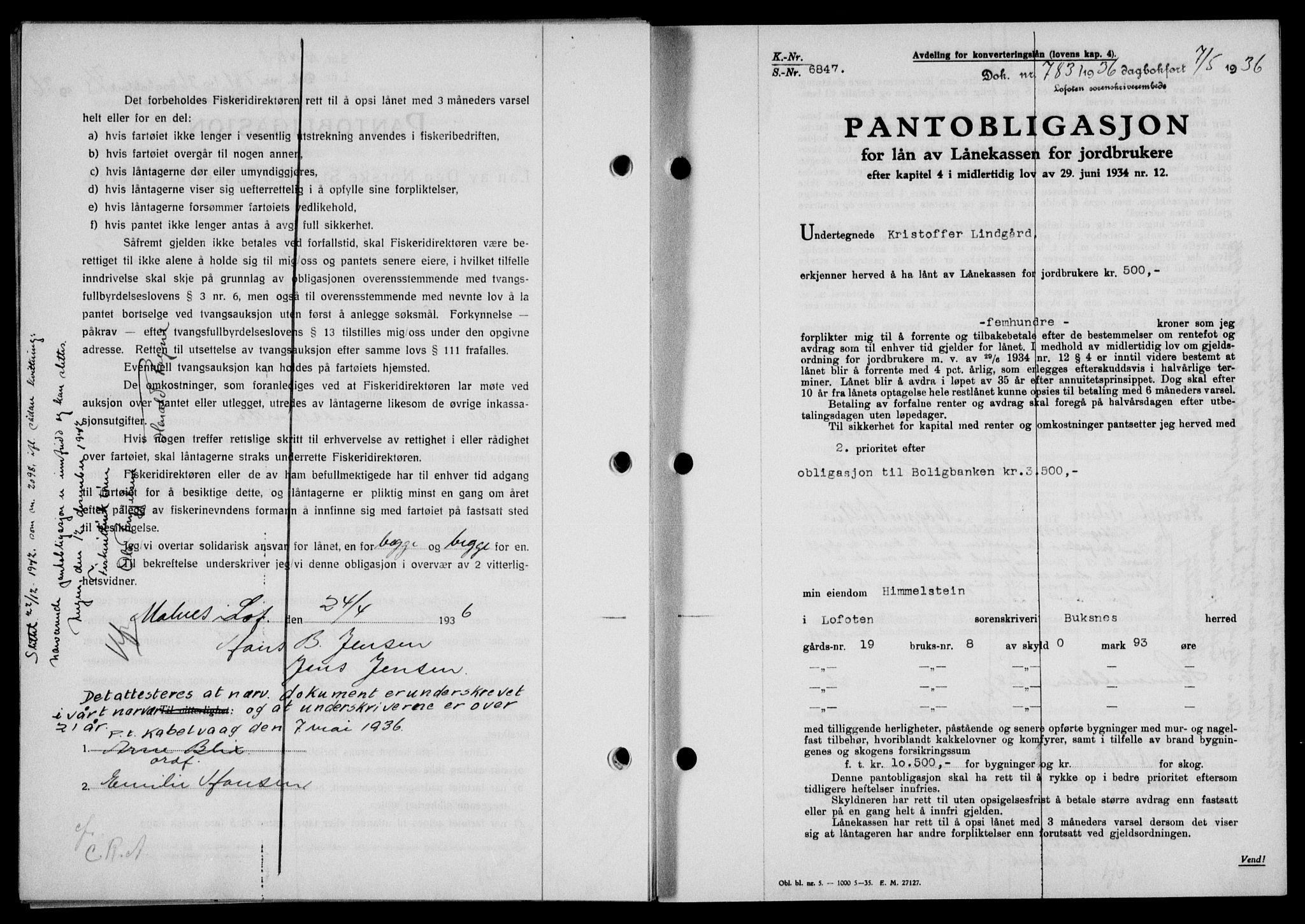 Lofoten sorenskriveri, SAT/A-0017/1/2/2C/L0033b: Mortgage book no. 33b, 1936-1936, Diary no: : 783/1936