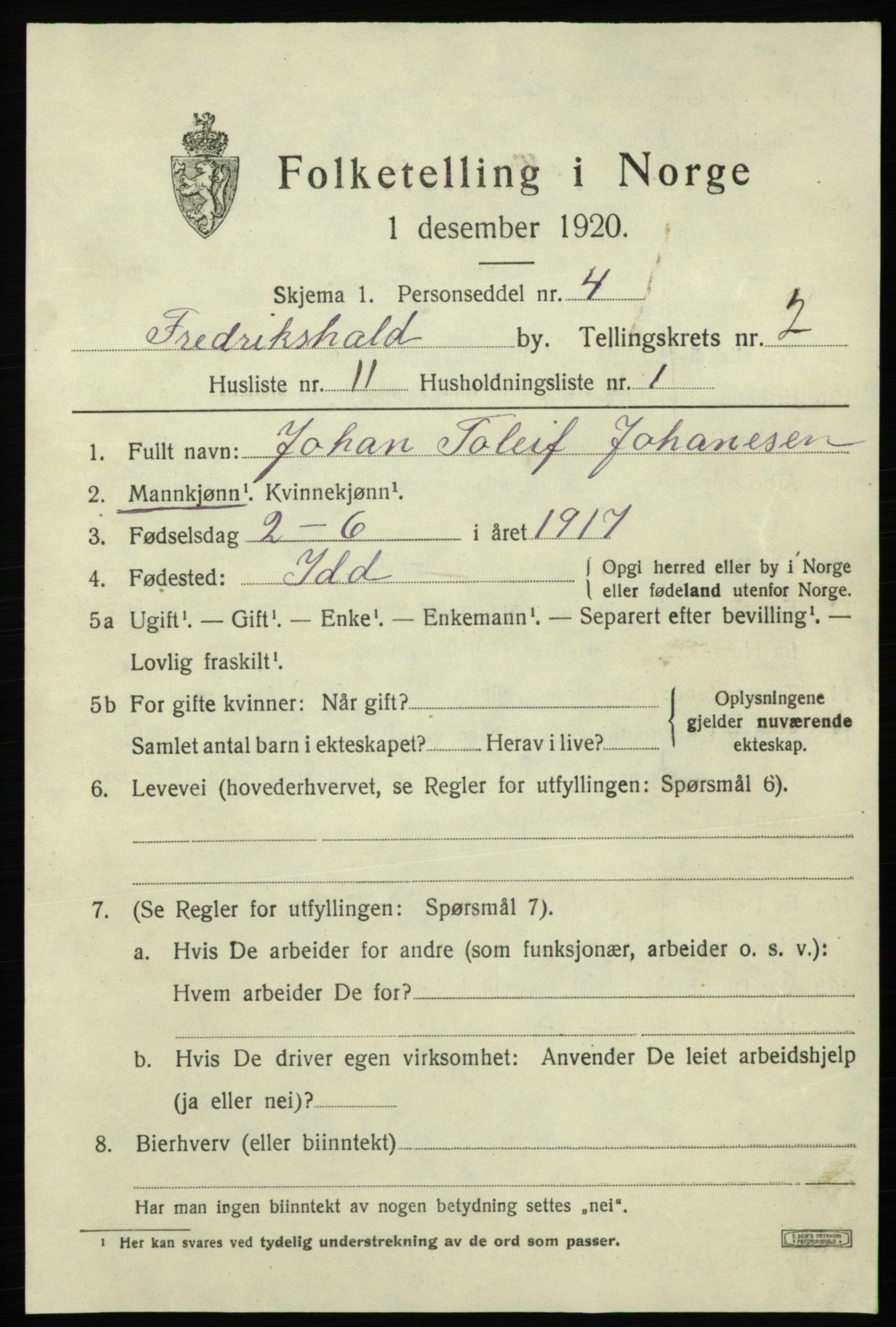 SAO, 1920 census for Fredrikshald, 1920, p. 9478