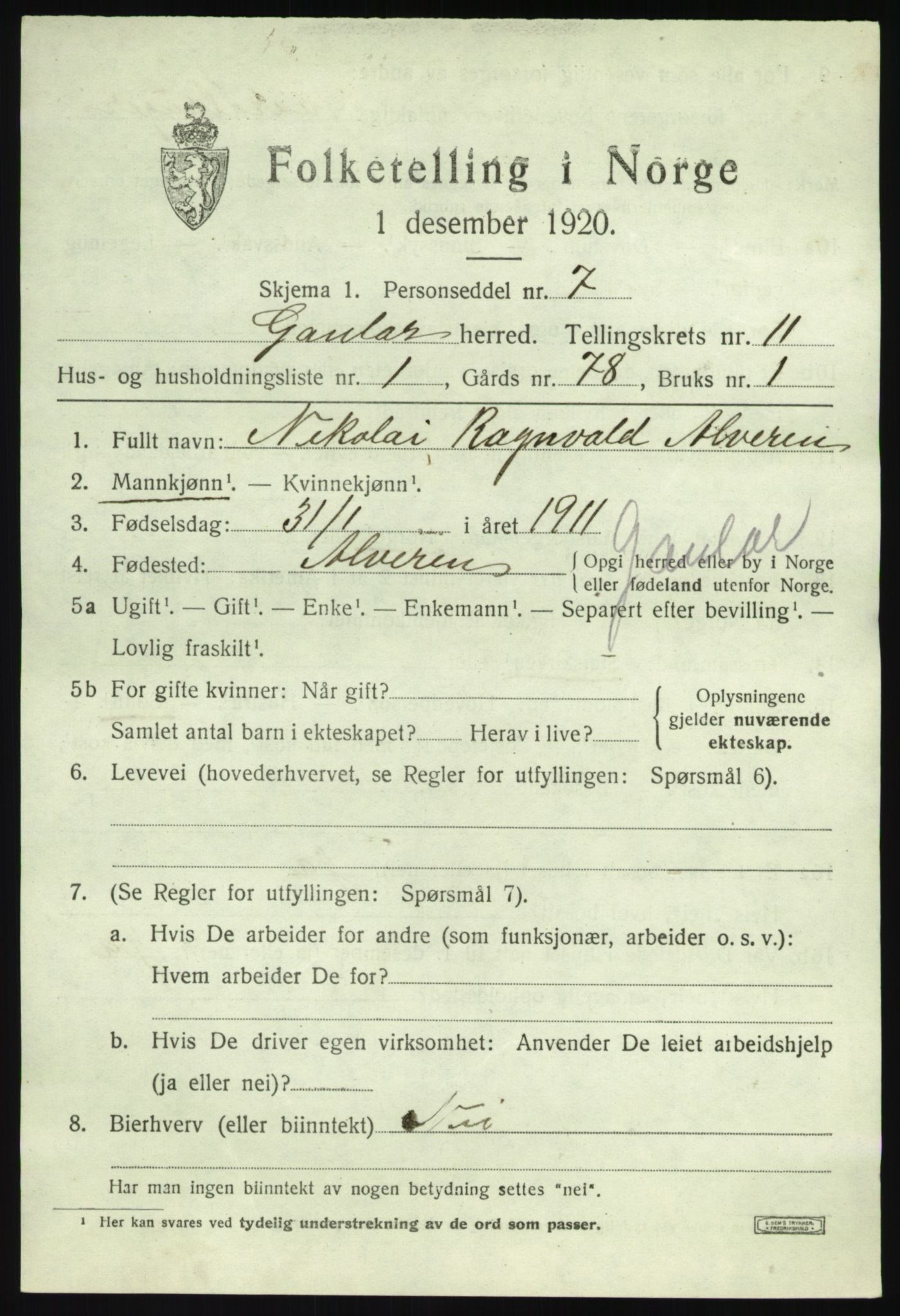 SAB, 1920 census for Gaular, 1920, p. 5156