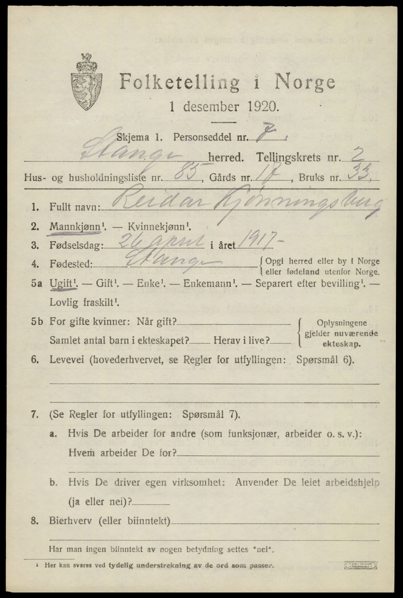 SAH, 1920 census for Stange, 1920, p. 5189