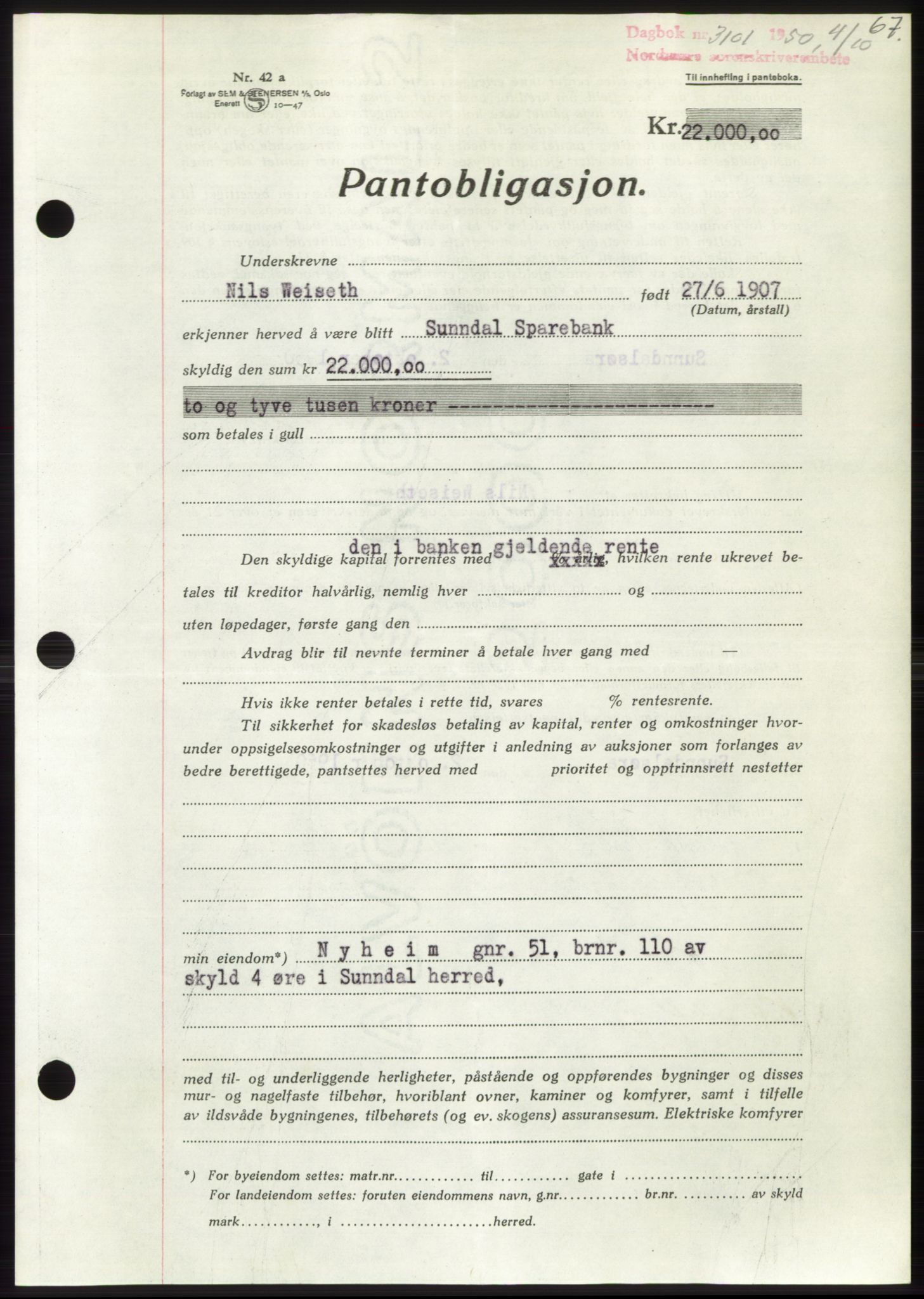 Nordmøre sorenskriveri, AV/SAT-A-4132/1/2/2Ca: Mortgage book no. B106, 1950-1950, Diary no: : 3101/1950