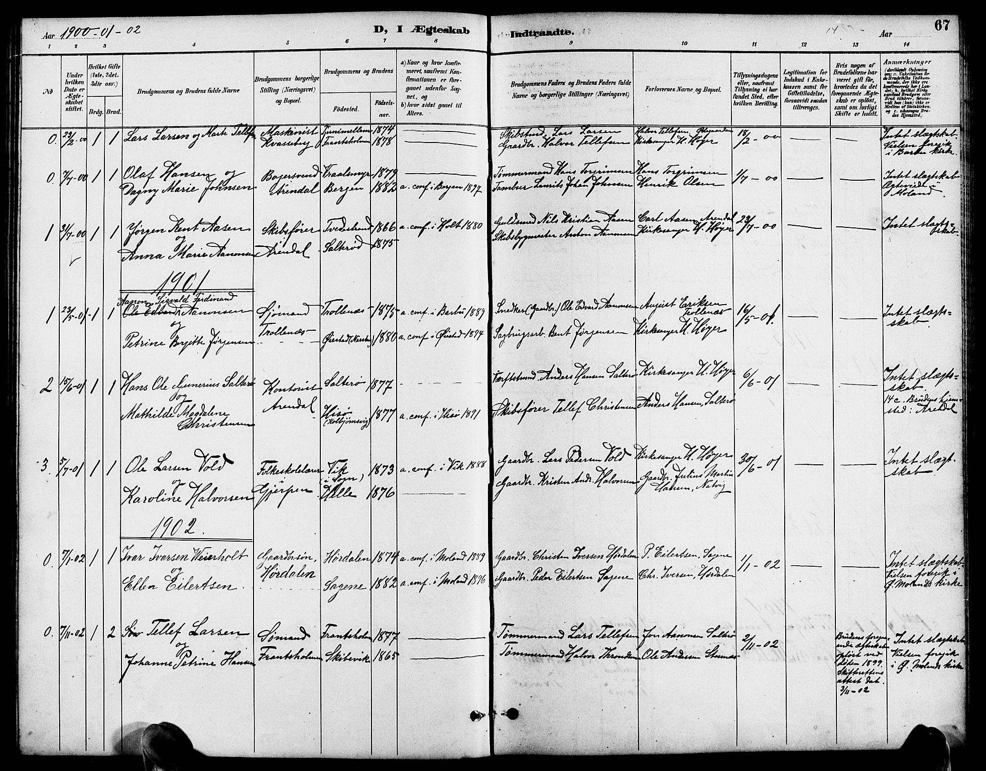 Austre Moland sokneprestkontor, SAK/1111-0001/F/Fb/Fbb/L0002: Parish register (copy) no. B 2, 1894-1918, p. 67