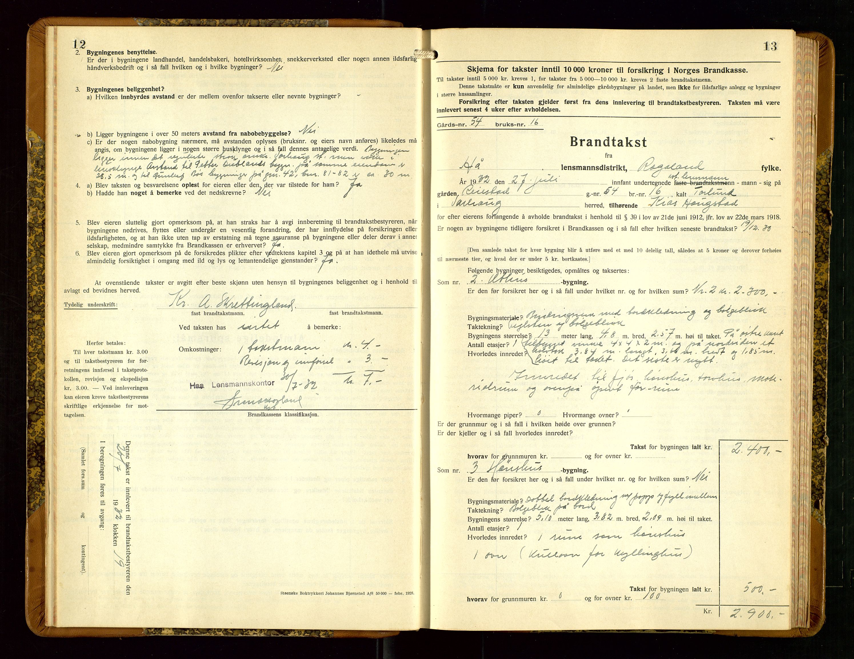 Hå lensmannskontor, AV/SAST-A-100456/Goa/L0006: Takstprotokoll (skjema), 1932-1938, p. 12-13