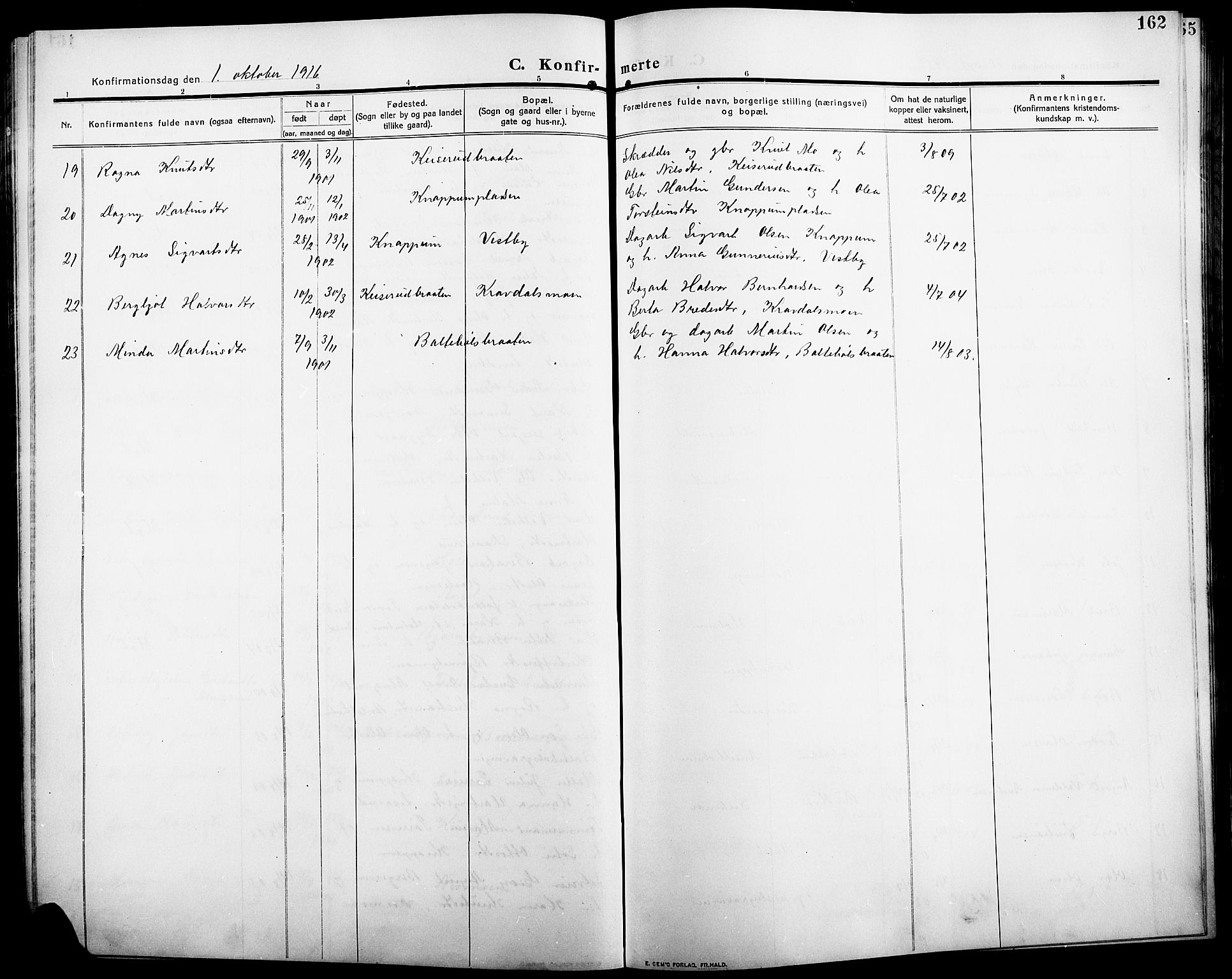 Åsnes prestekontor, SAH/PREST-042/H/Ha/Hab/L0007: Parish register (copy) no. 7, 1909-1926, p. 162