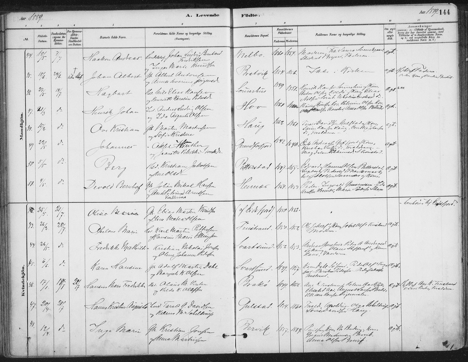Ministerialprotokoller, klokkerbøker og fødselsregistre - Nordland, SAT/A-1459/888/L1244: Parish register (official) no. 888A10, 1880-1890, p. 144