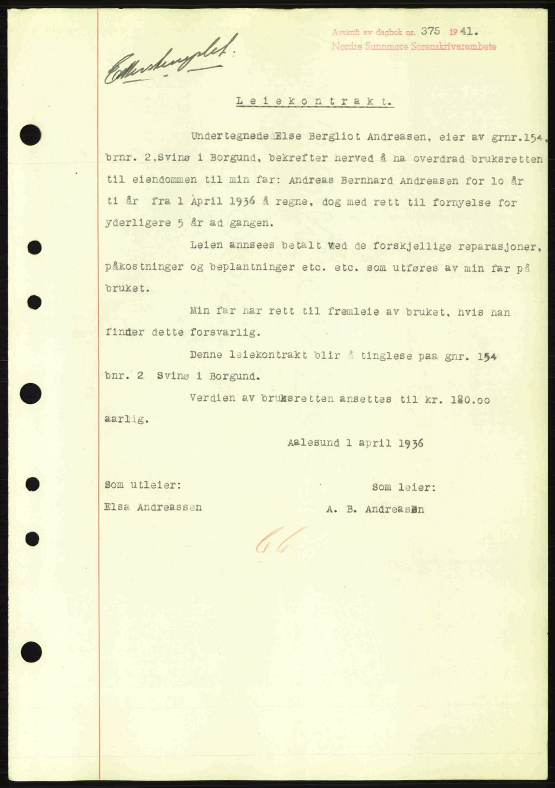 Nordre Sunnmøre sorenskriveri, SAT/A-0006/1/2/2C/2Ca: Mortgage book no. B1-6, 1938-1942, Diary no: : 375/1941
