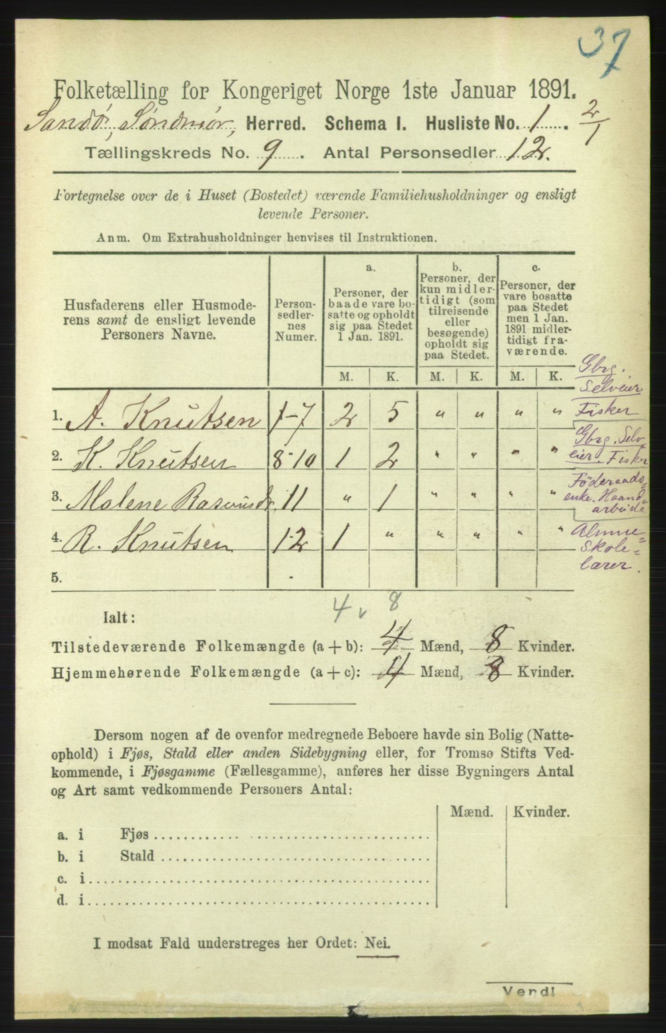 RA, 1891 census for 1514 Sande, 1891, p. 1447