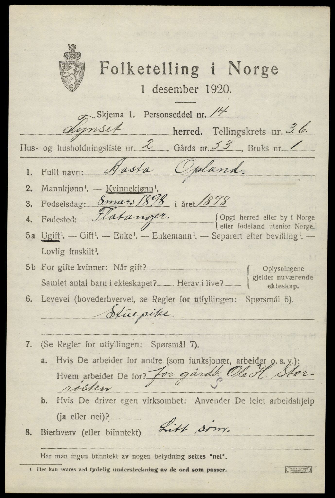 SAH, 1920 census for Tynset, 1920, p. 3174