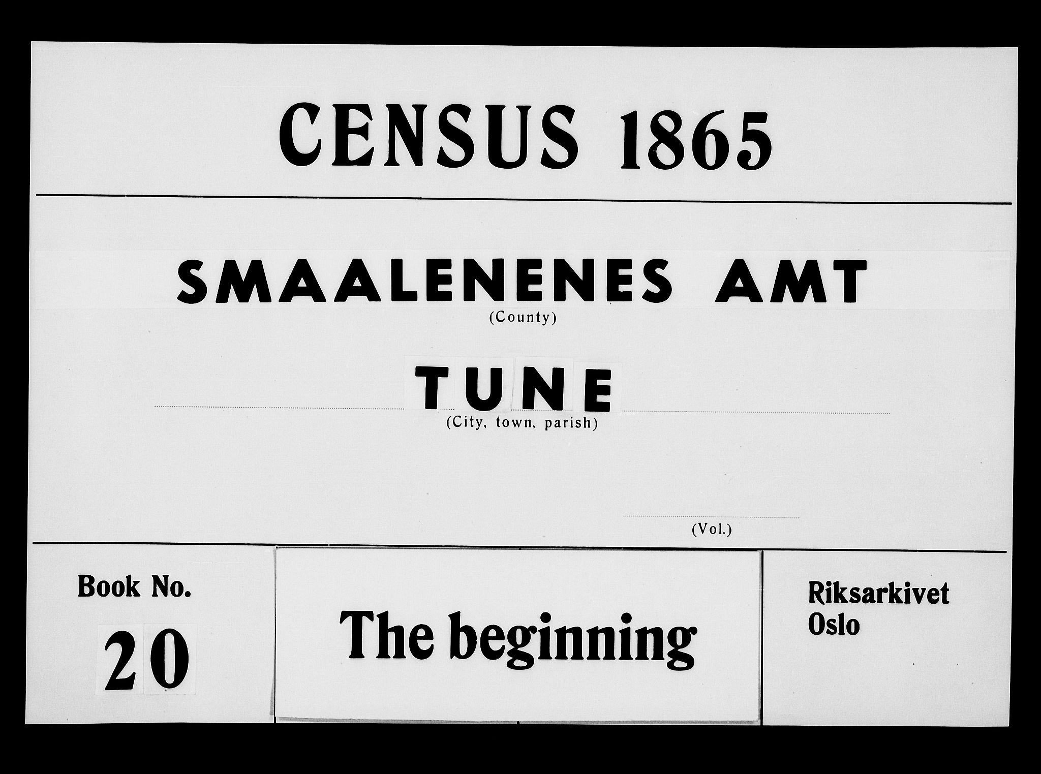 RA, 1865 census for Tune, 1865, p. 1