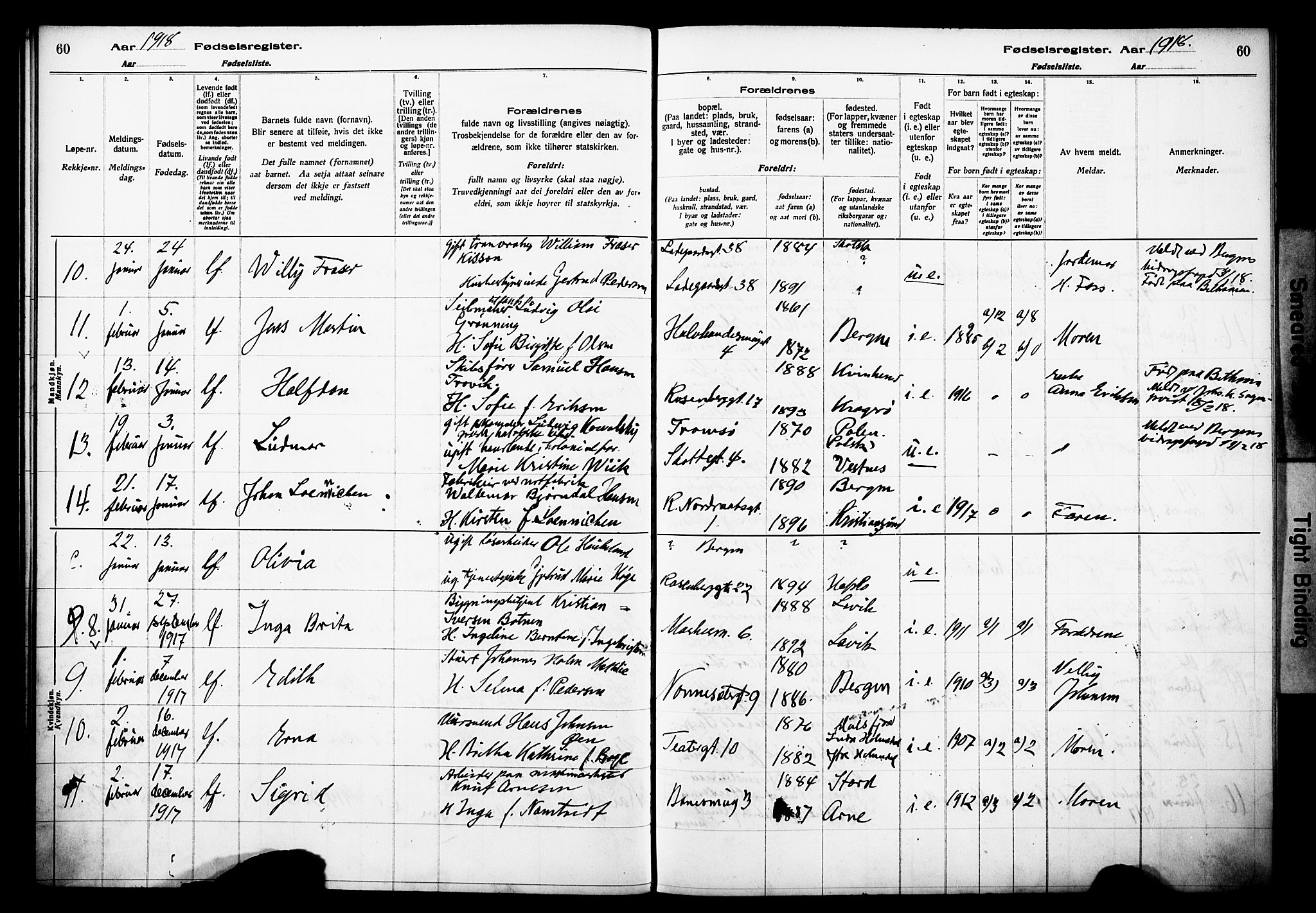 Domkirken sokneprestembete, AV/SAB-A-74801/I/Id/L00A1: Birth register no. A 1, 1916-1923, p. 60