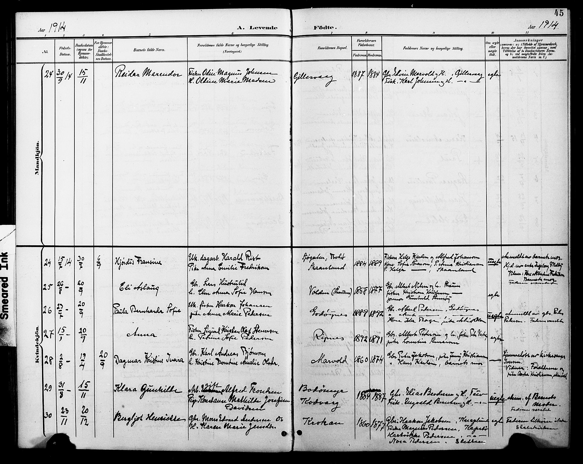 Ministerialprotokoller, klokkerbøker og fødselsregistre - Nordland, AV/SAT-A-1459/804/L0088: Parish register (copy) no. 804C01, 1901-1917, p. 45