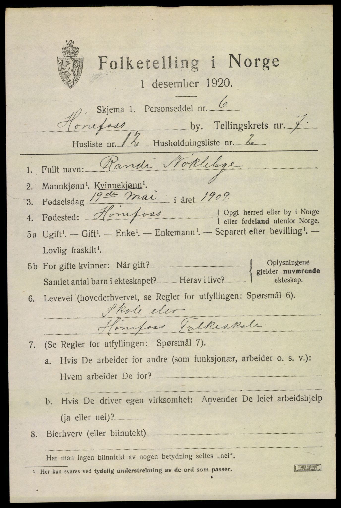 SAKO, 1920 census for Hønefoss, 1920, p. 8116