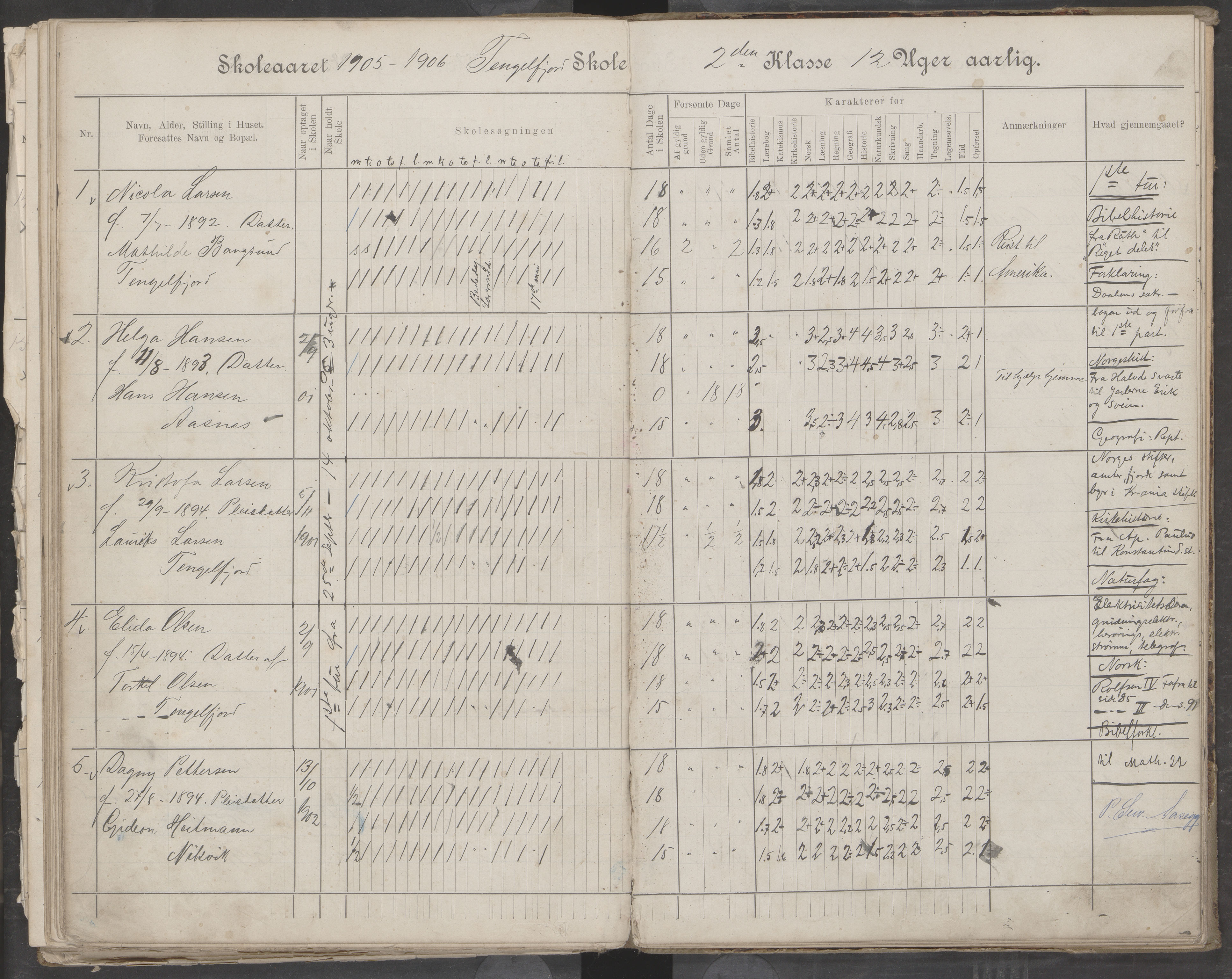 Hadsel kommune. Tengelfjord skolekrets, AIN/K-18660.510.04/G/L0001: Skoleprotokoll for Tengelfjord skole, 1899-1908