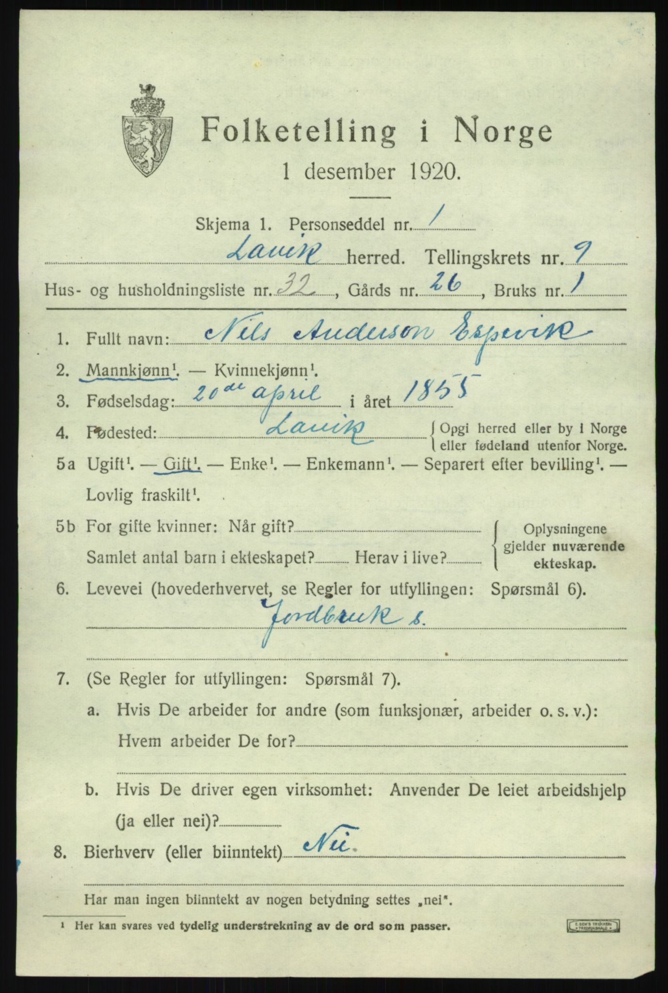 SAB, 1920 census for Lavik, 1920, p. 2258