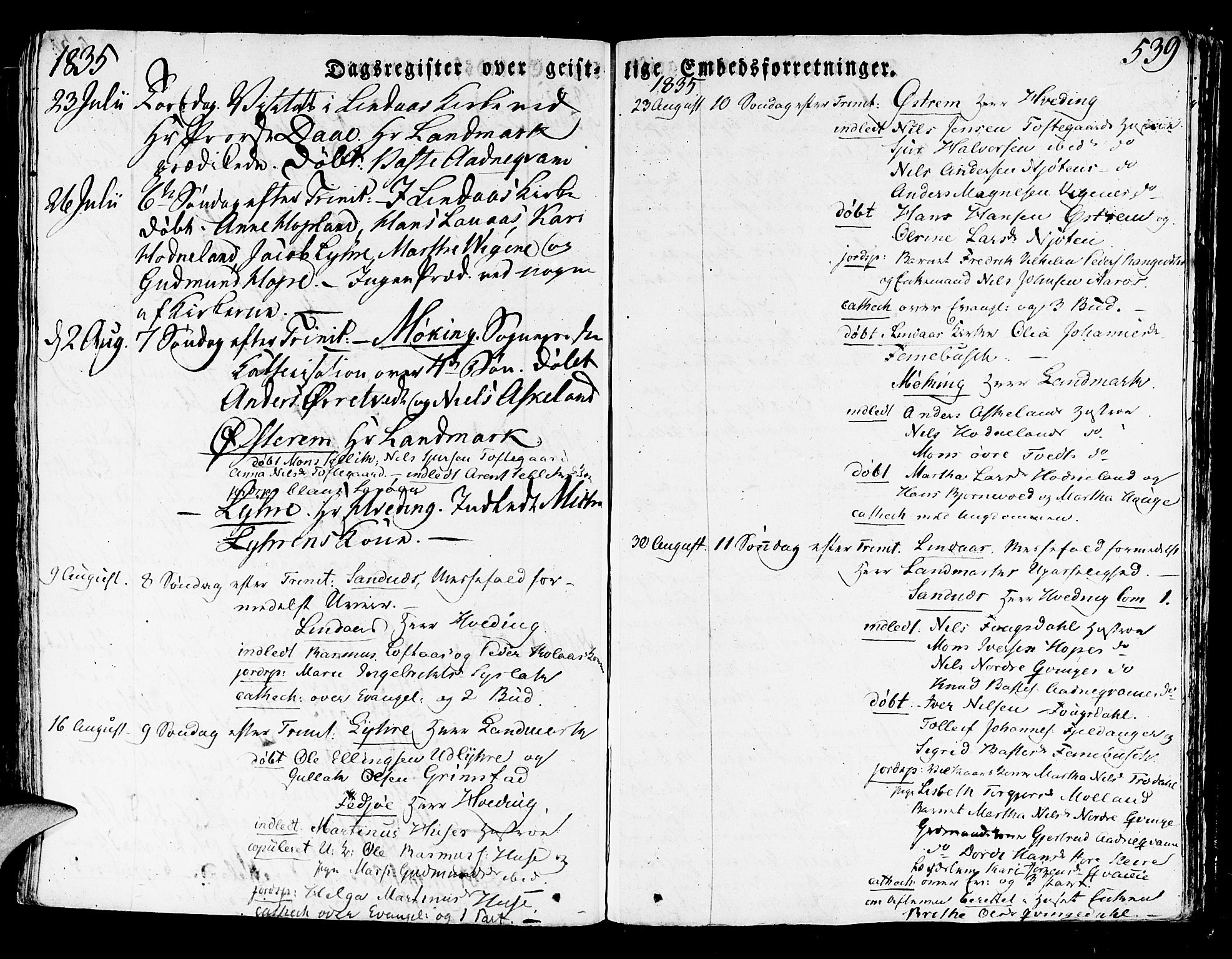 Lindås Sokneprestembete, SAB/A-76701/H/Haa: Parish register (official) no. A 8, 1823-1836, p. 539