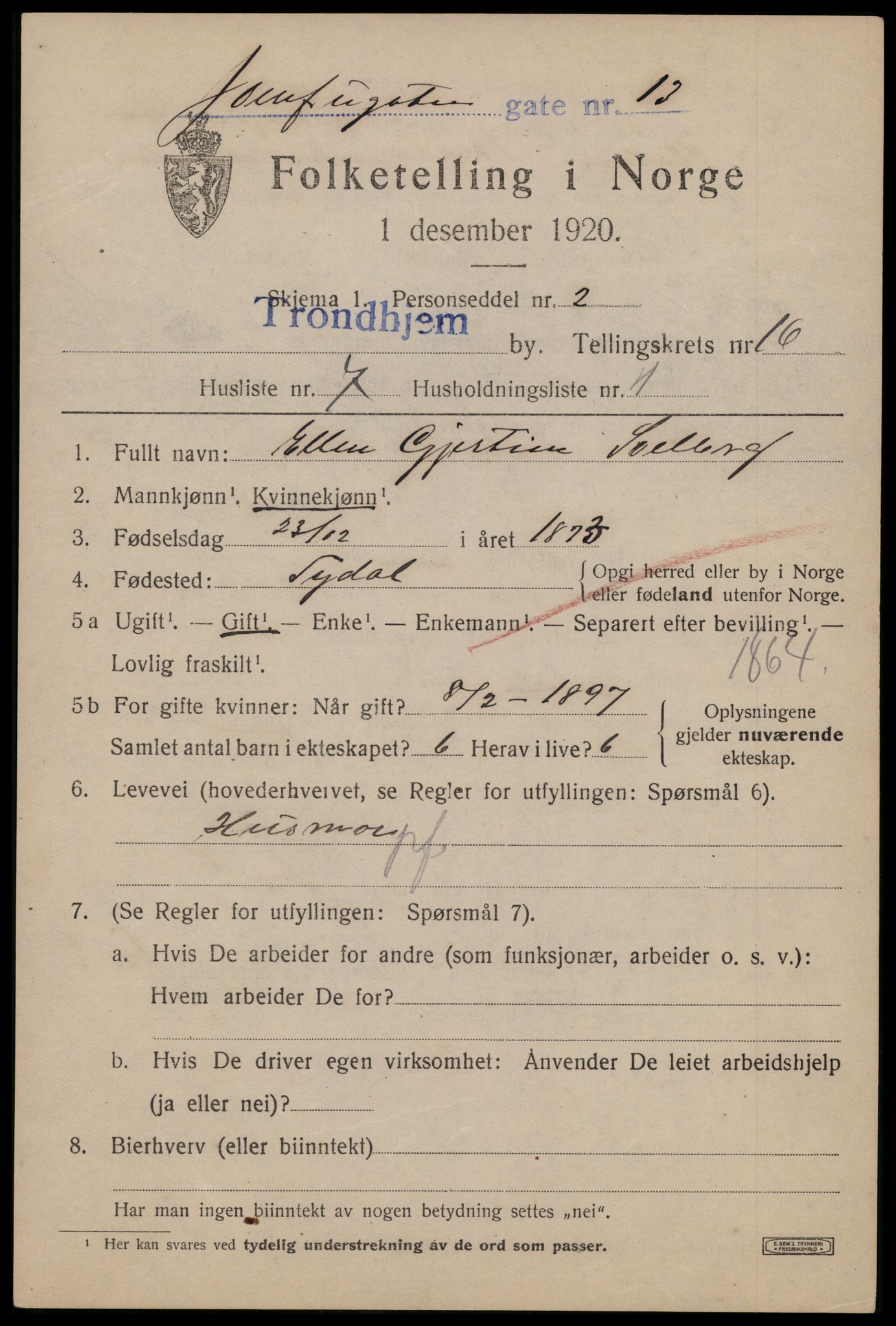 SAT, 1920 census for Trondheim, 1920, p. 54224