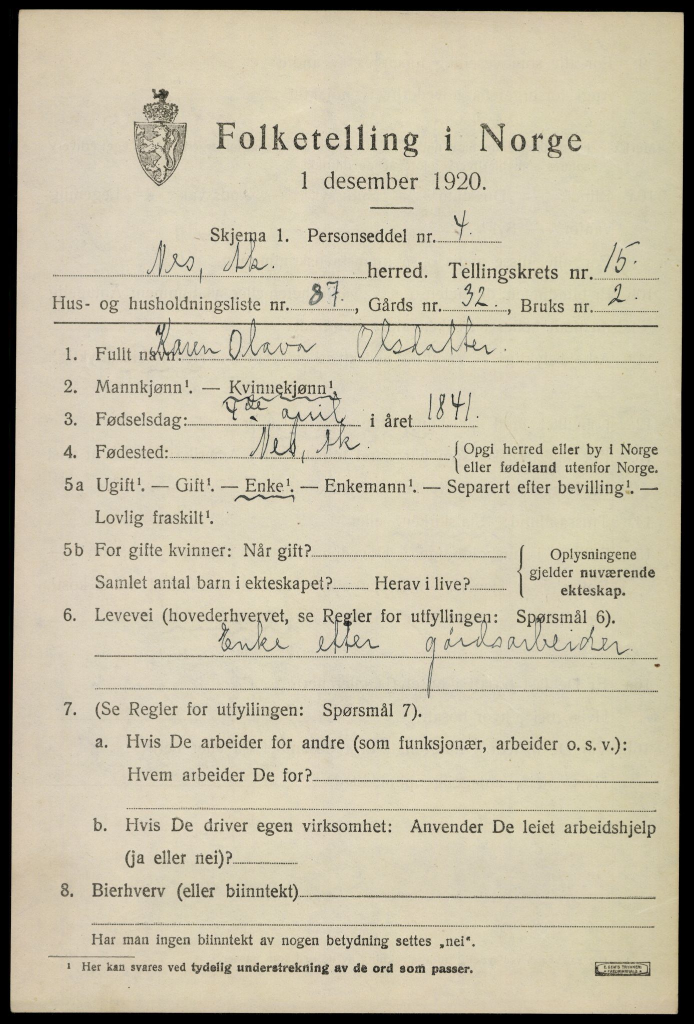 SAO, 1920 census for Nes, 1920, p. 15680