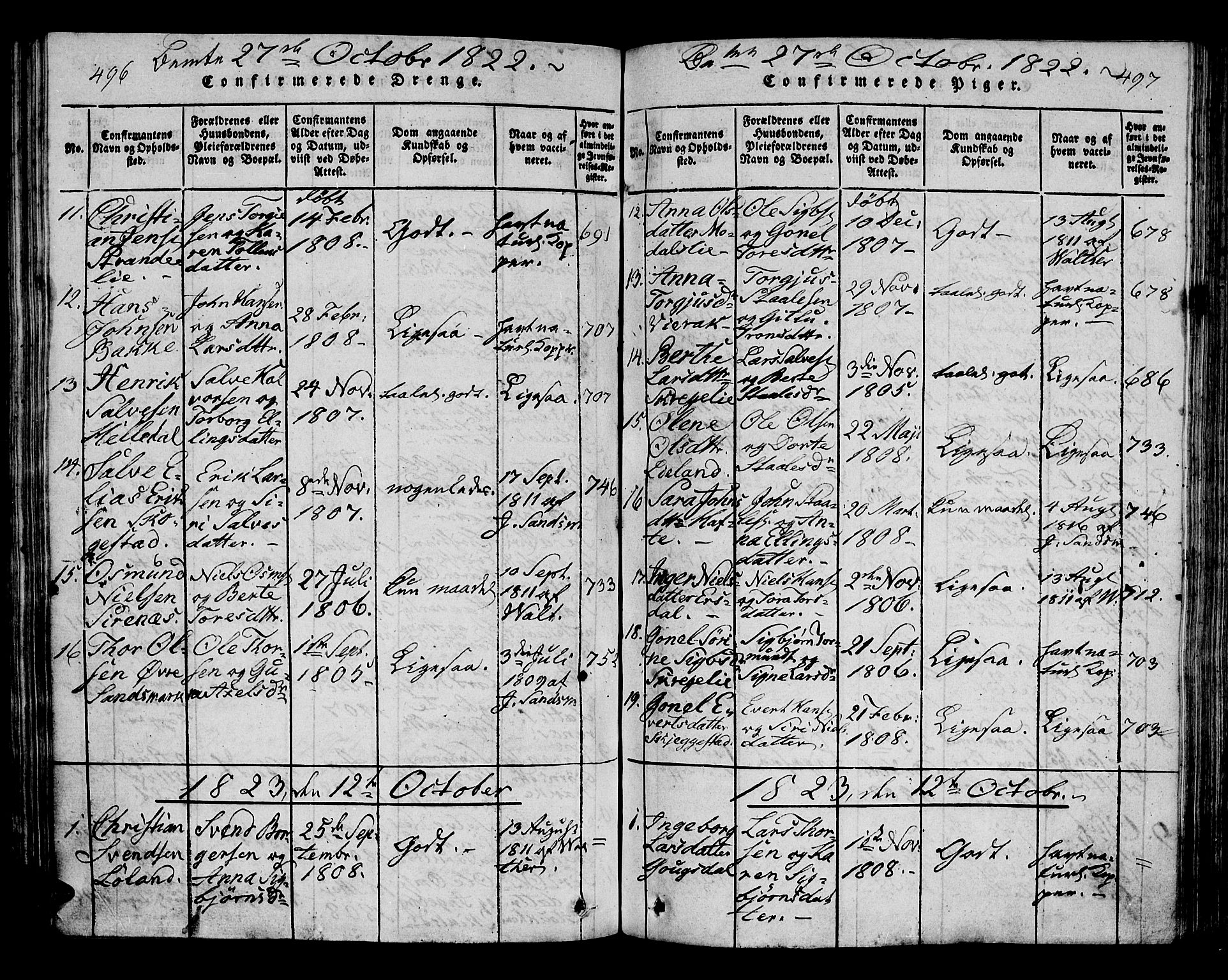 Bakke sokneprestkontor, SAK/1111-0002/F/Fa/Faa/L0003: Parish register (official) no. A 3, 1815-1835, p. 496-497