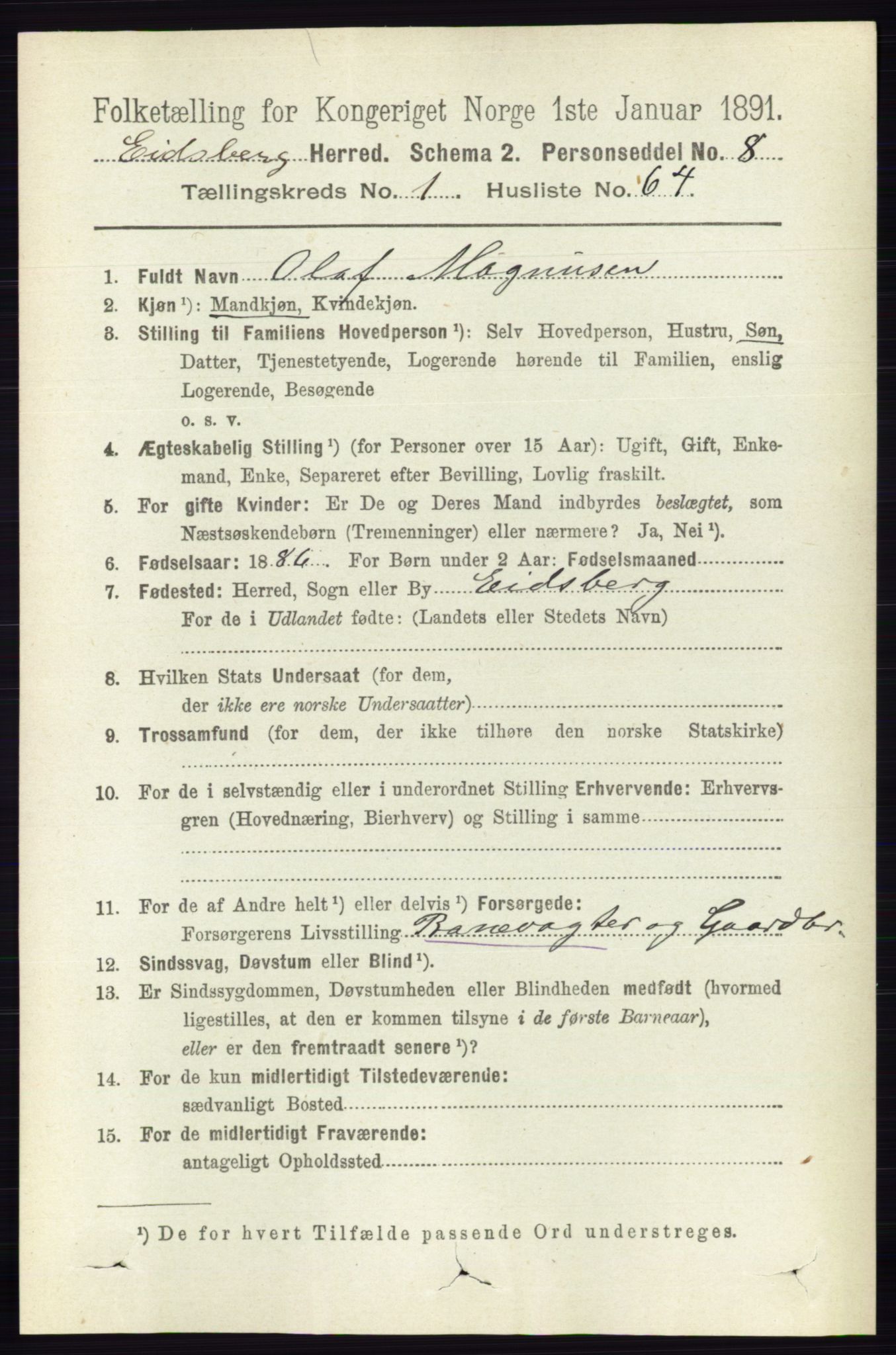 RA, 1891 census for 0125 Eidsberg, 1891, p. 541