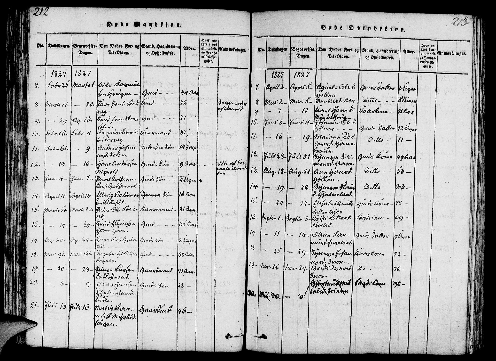 Eid sokneprestembete, AV/SAB-A-82301/H/Haa/Haaa/L0005: Parish register (official) no. A 5, 1816-1830, p. 212-213