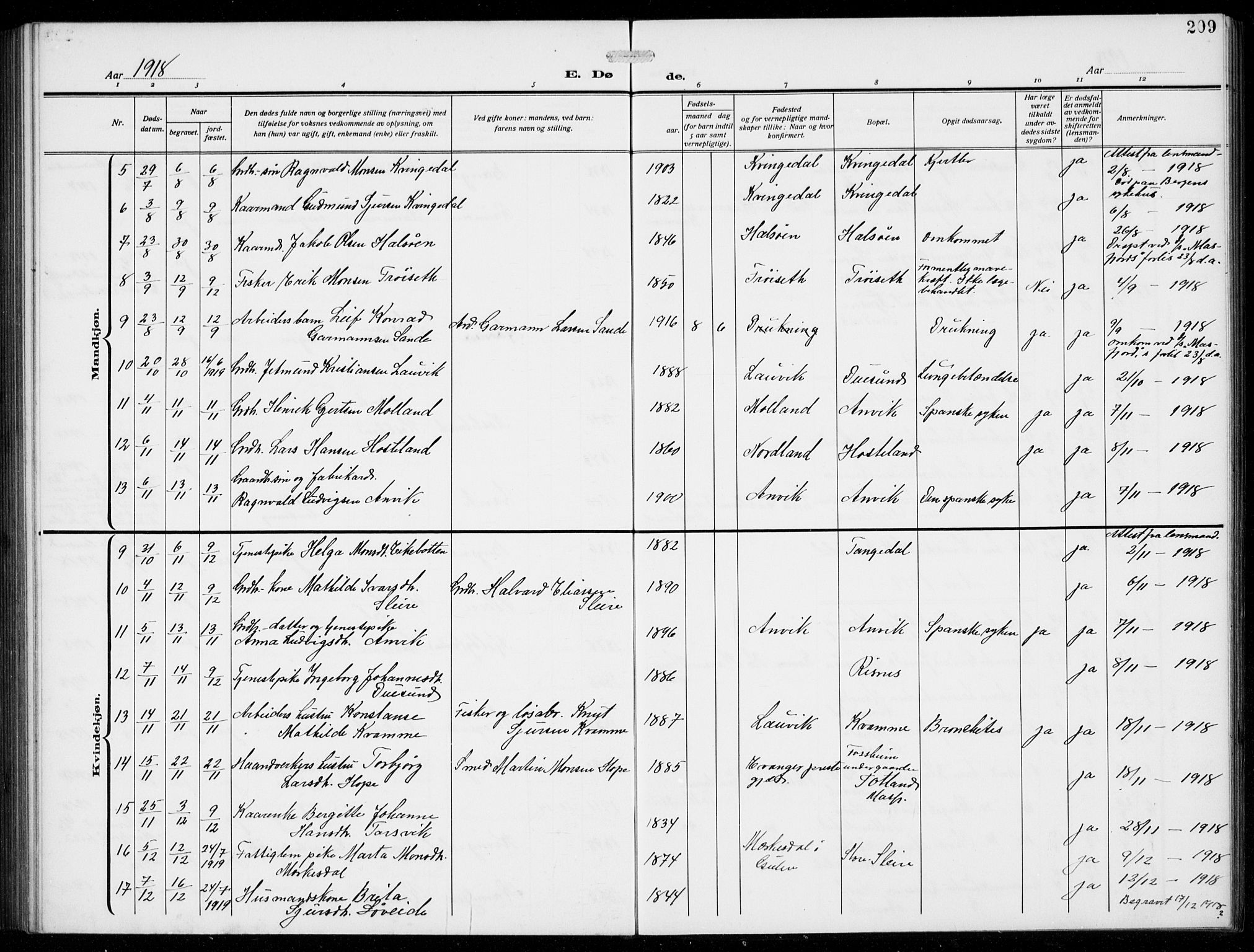 Masfjorden Sokneprestembete, SAB/A-77001: Parish register (copy) no. B  2, 1912-1939, p. 209