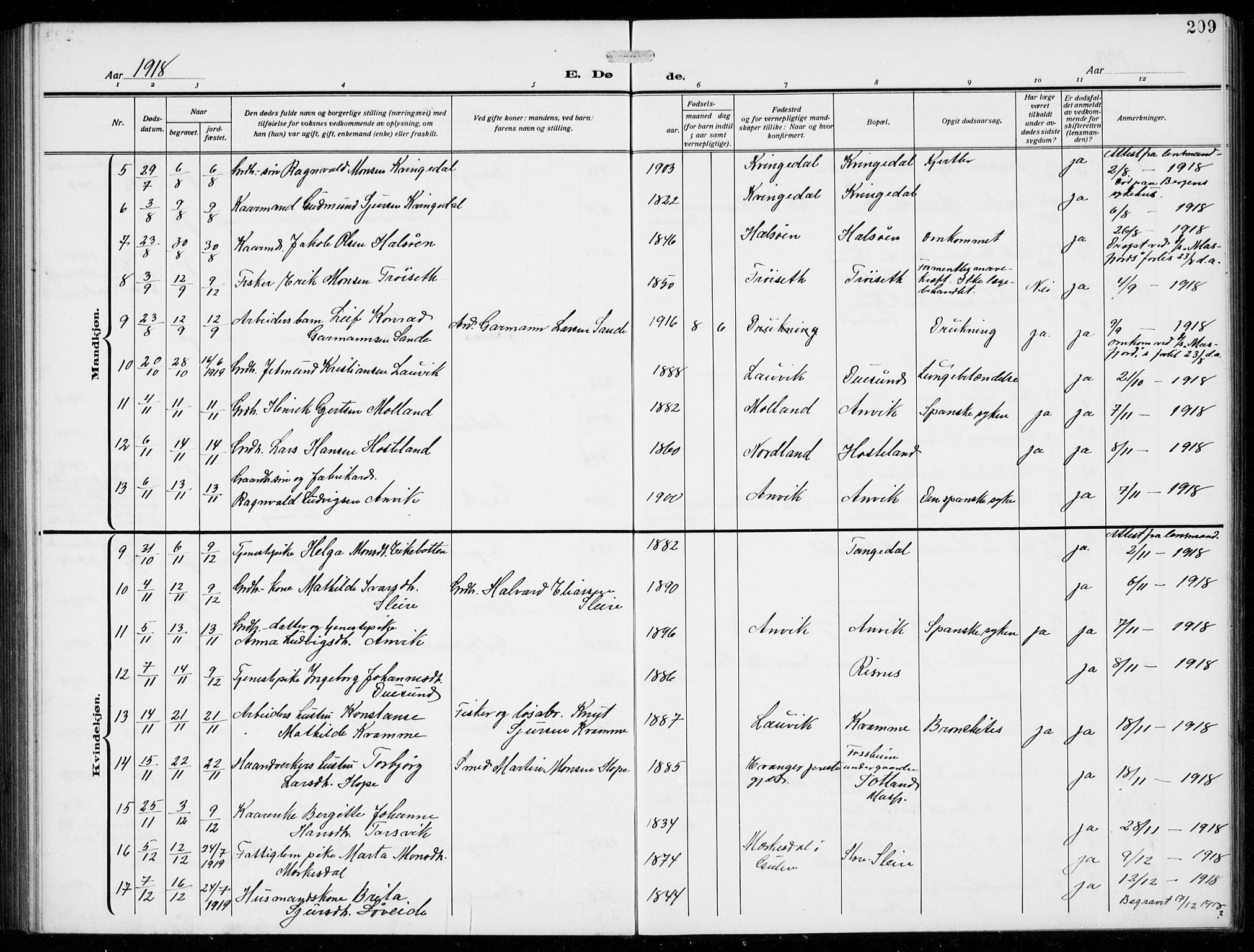 Masfjorden Sokneprestembete, AV/SAB-A-77001: Parish register (copy) no. B  2, 1912-1939, p. 209