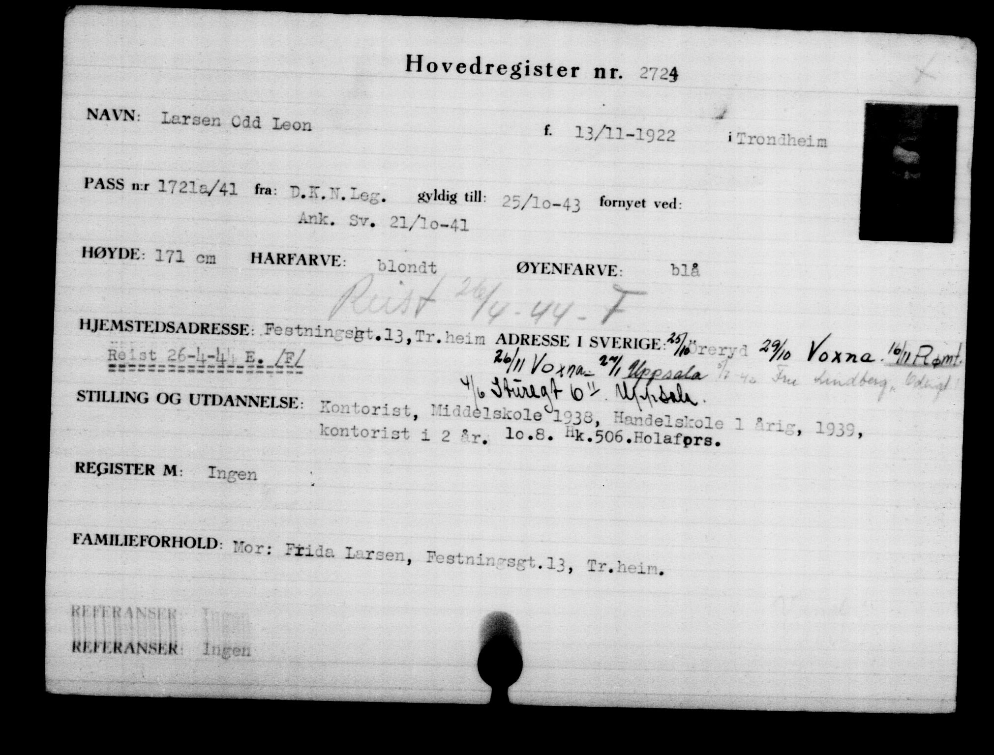 Den Kgl. Norske Legasjons Flyktningskontor, RA/S-6753/V/Va/L0003: Kjesäterkartoteket.  Flyktningenr. 2001-3495, 1940-1945, p. 1106