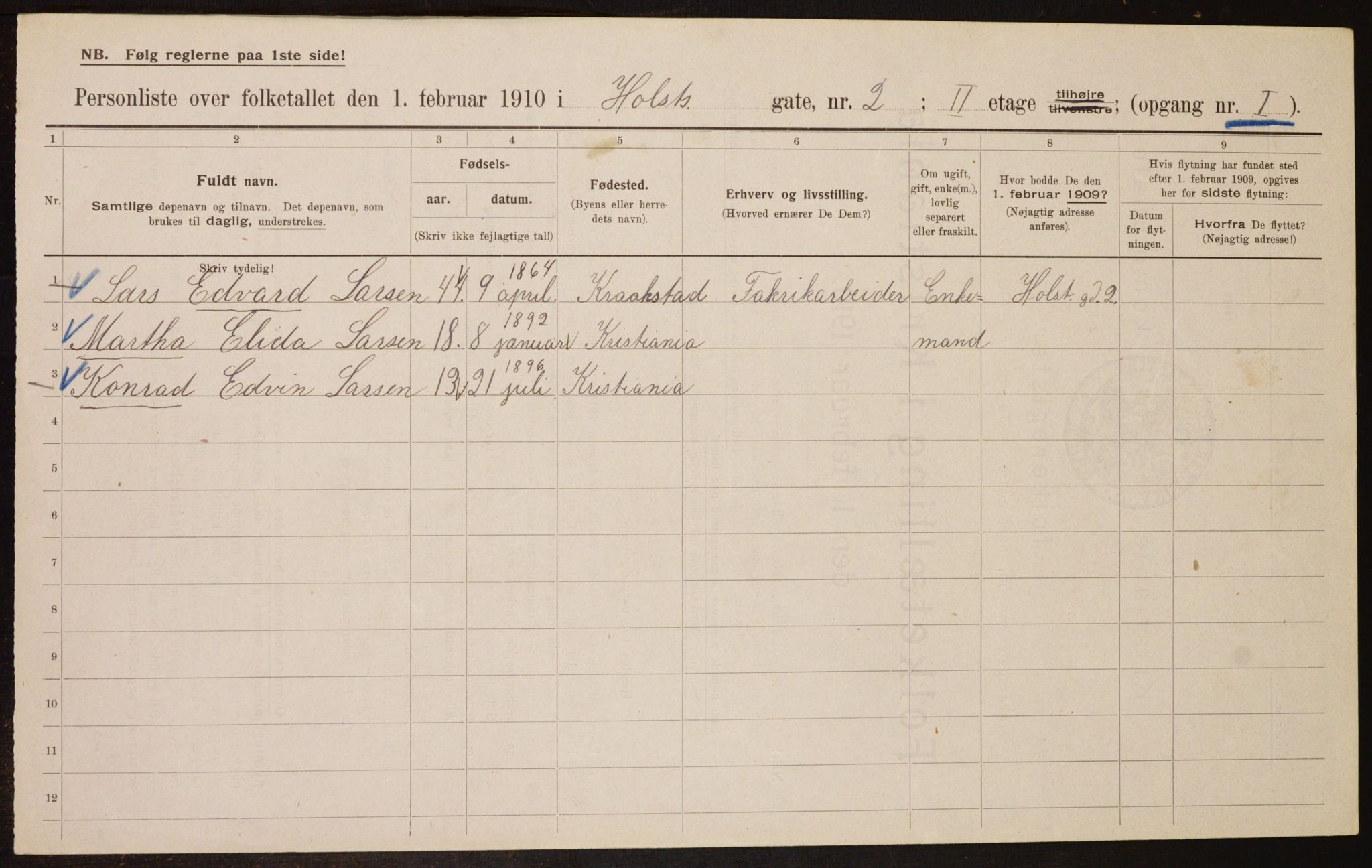 OBA, Municipal Census 1910 for Kristiania, 1910, p. 40152