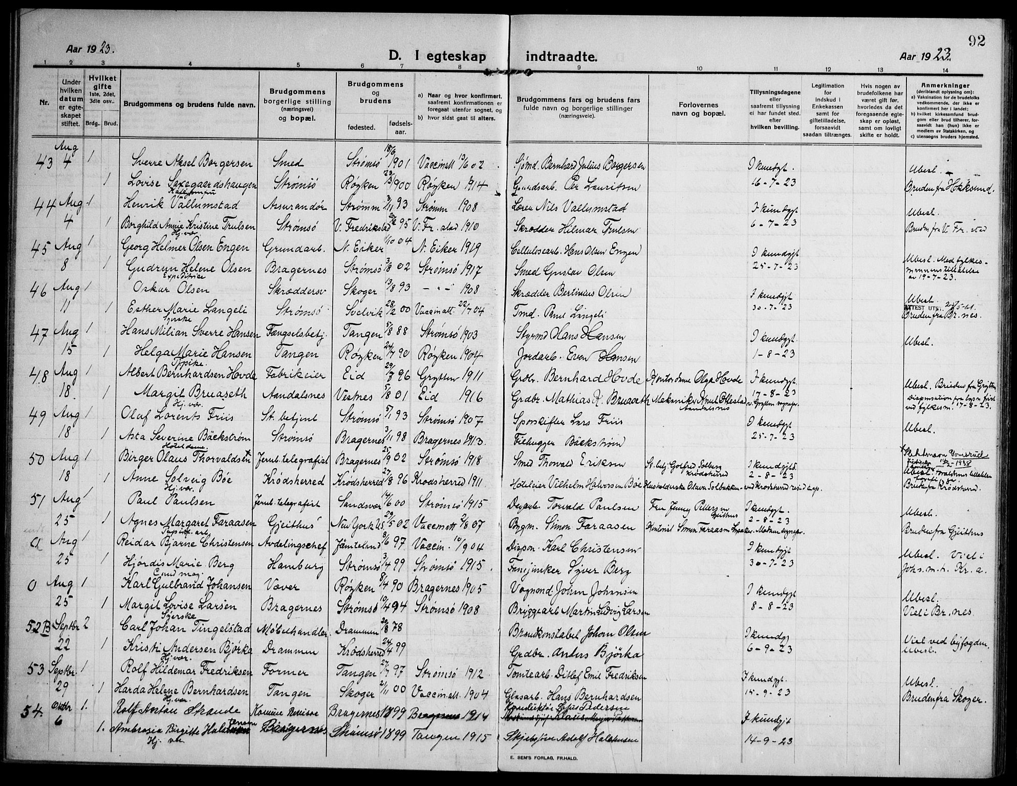 Strømsø kirkebøker, AV/SAKO-A-246/F/Fa/L0027: Parish register (official) no. I 28, 1912-1931, p. 92