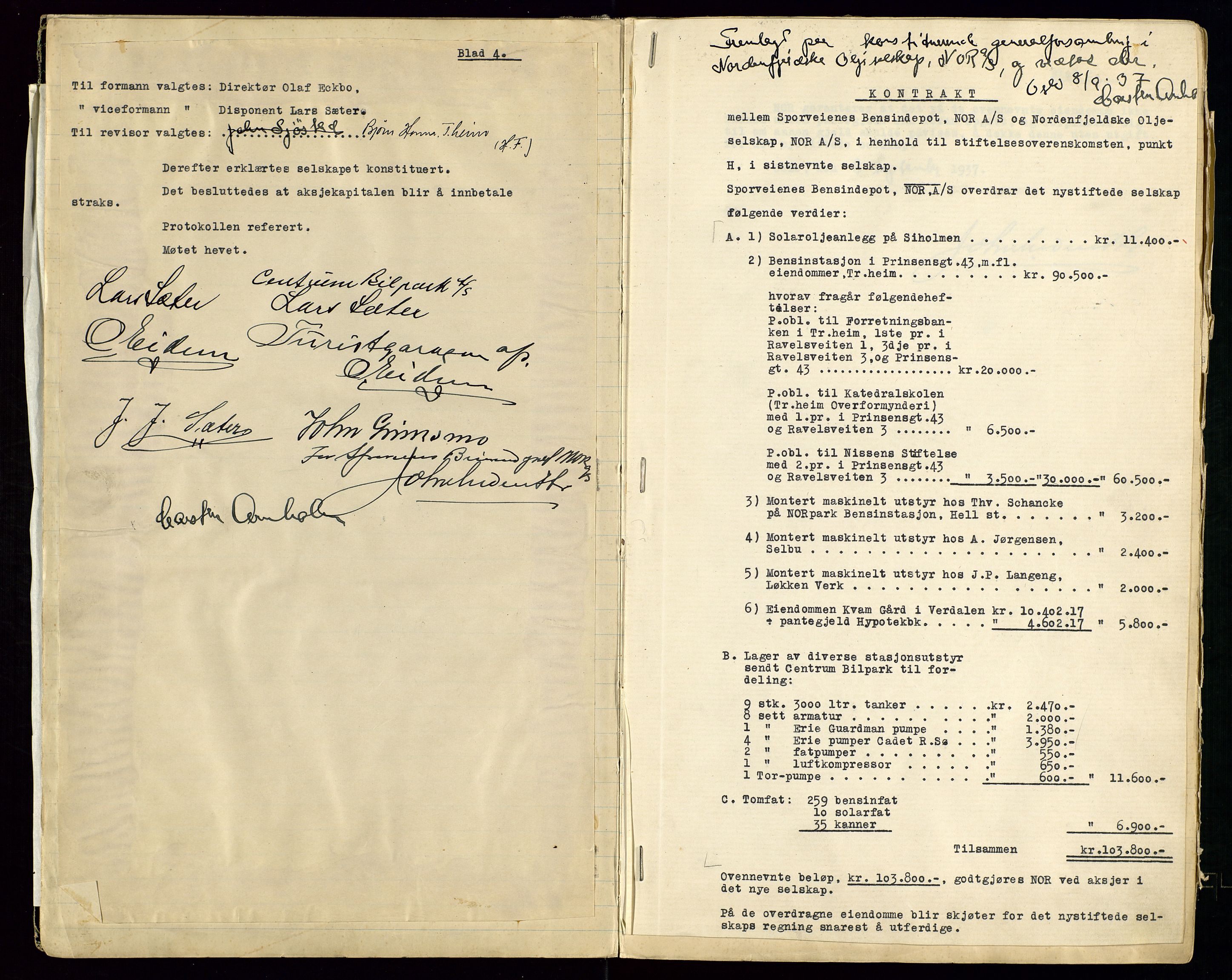 PA 1519 - Nordenfjeldske Oljeselskap, NOR A/S, AV/SAST-A-101924/A/L0001: Styreprotokoll, 1937-1962, p. 4