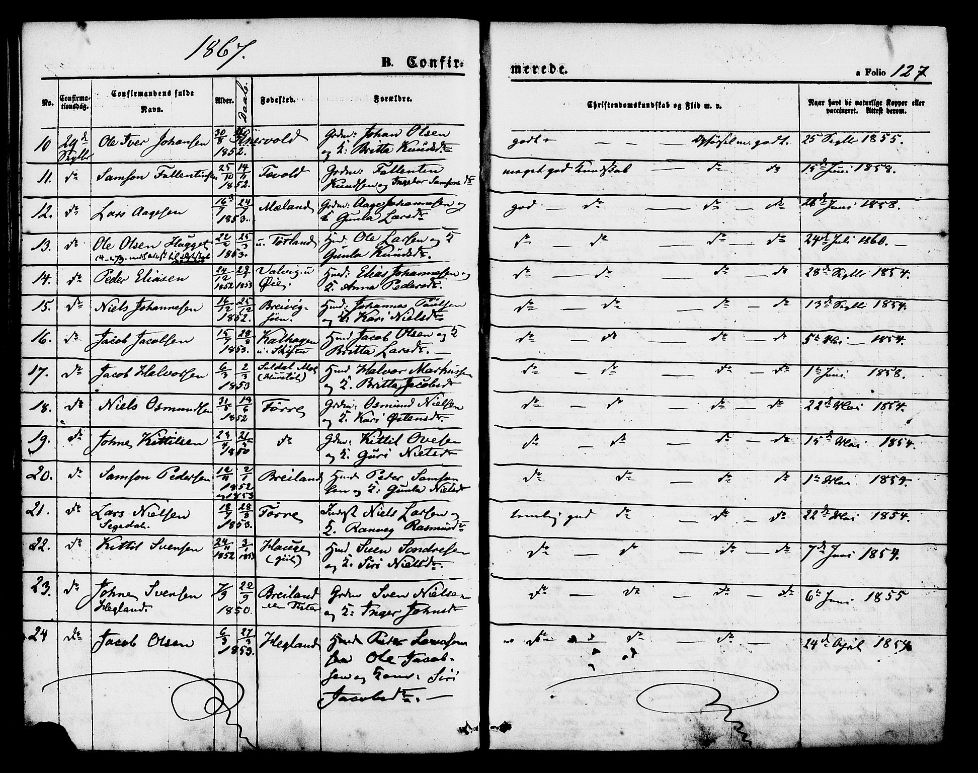 Hjelmeland sokneprestkontor, AV/SAST-A-101843/01/IV/L0011: Parish register (official) no. A 11, 1861-1878, p. 127